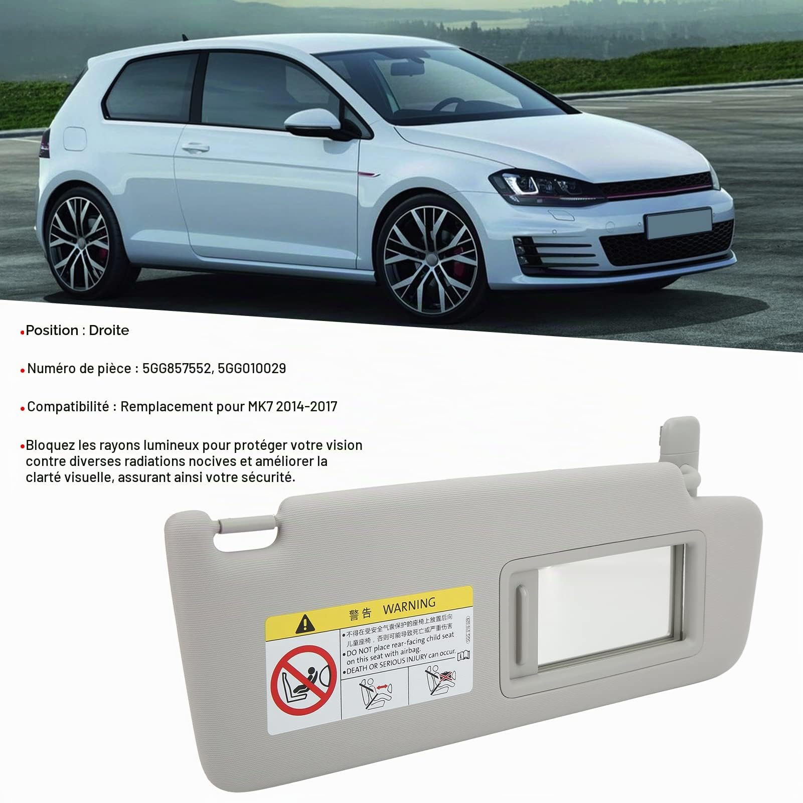 Pare-Soleil Côté Passager Droit, Pare-Soleil Intérieur Avant De Voiture Droit 5GG010029 Remplacement De Tissu en Plastique ABS Gris pour MK7 2014-2017