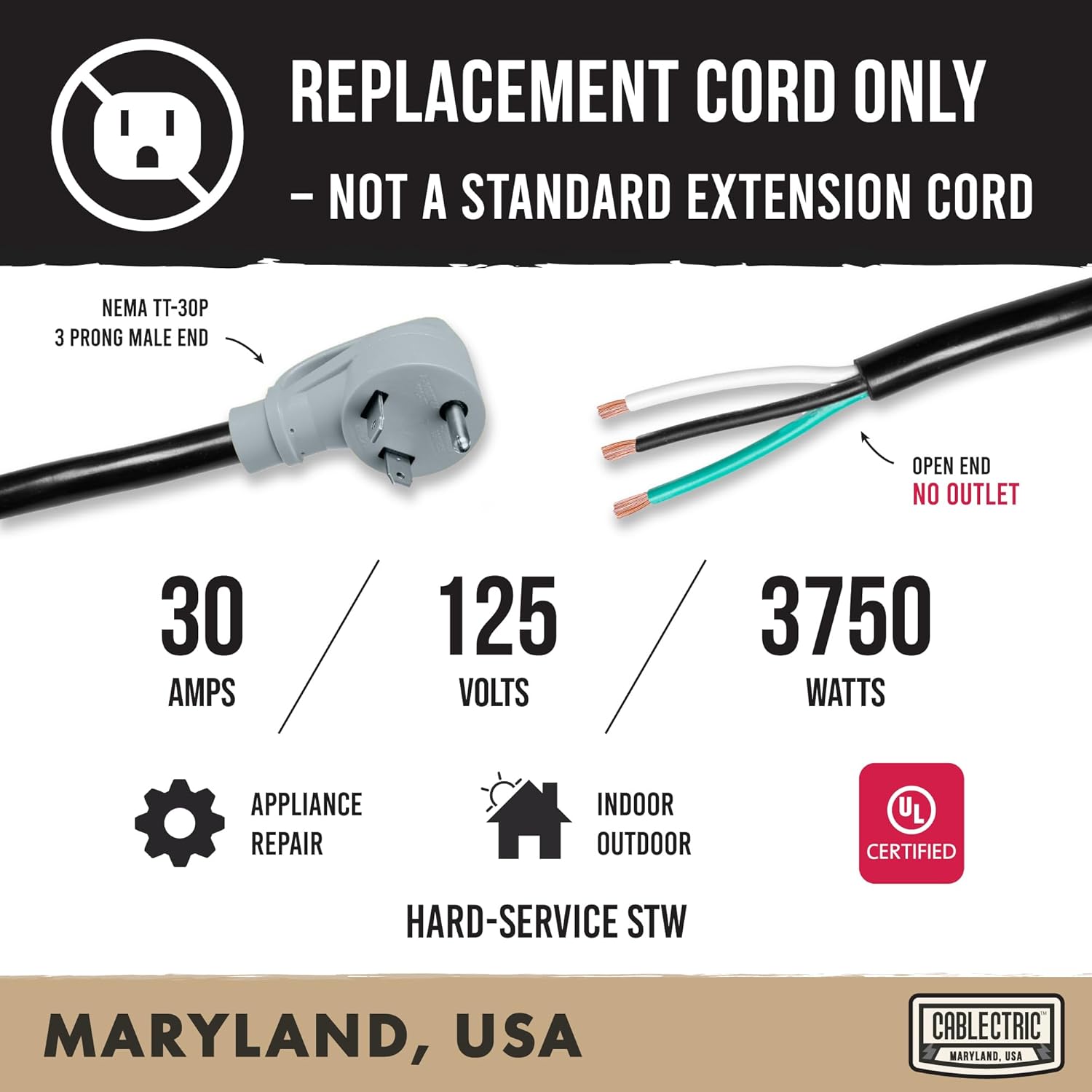 30 Amp RV Replacement Power Cord - 25ft 10 Gauge EV Extension Cable NEMA TT-30P to Open End 3 Wire - Heavy Duty 30 Amp RV Extension Cord - 10/3 STW Electrical Wire for Camper