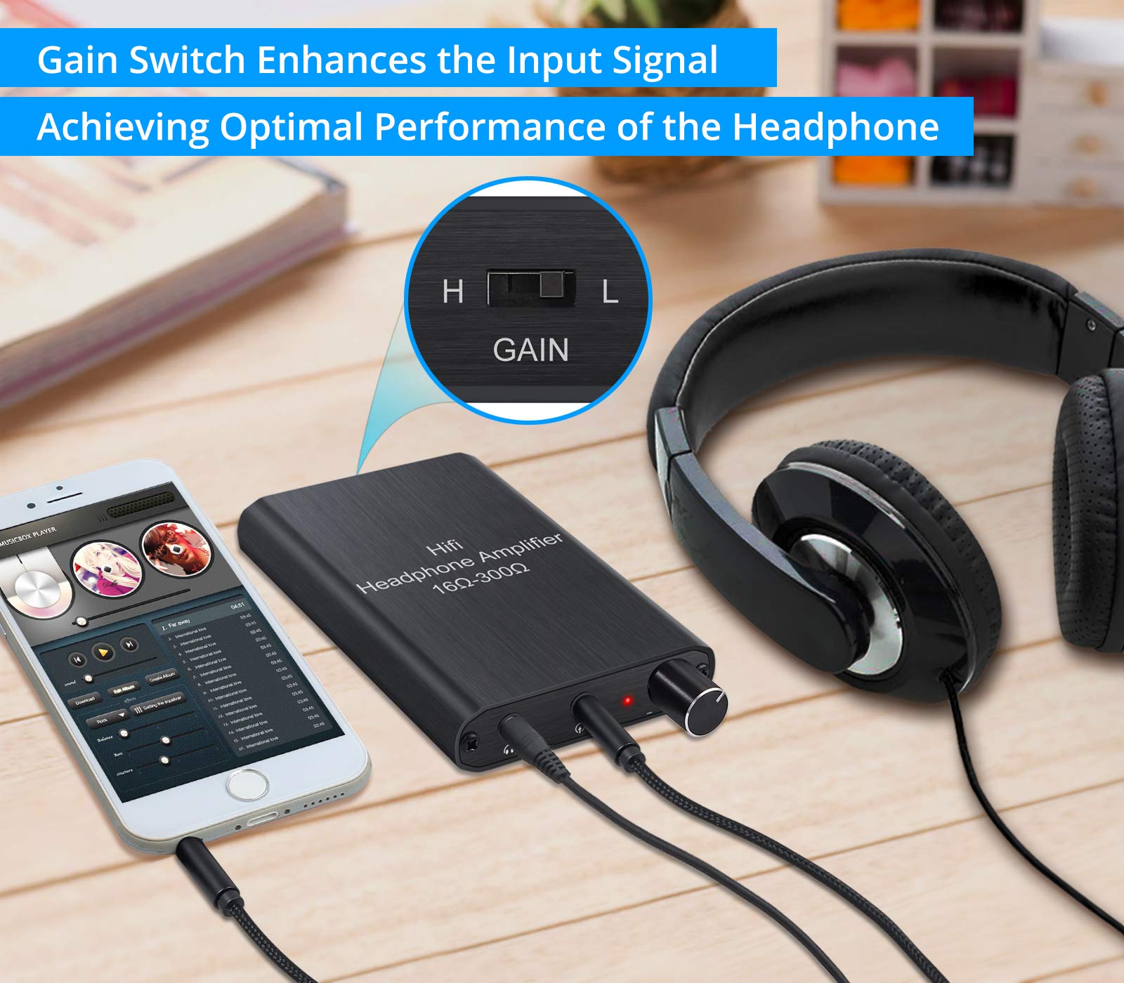 eSynic Amplificatore per cuffie HiFi Amplificatore portatile 3,5 mm Audio Ricaricabile Amplificatore auricolare 16-300Ω Impedenza con interruttore di guadagno e batteria al litio per MP3 MP4 Telefoni