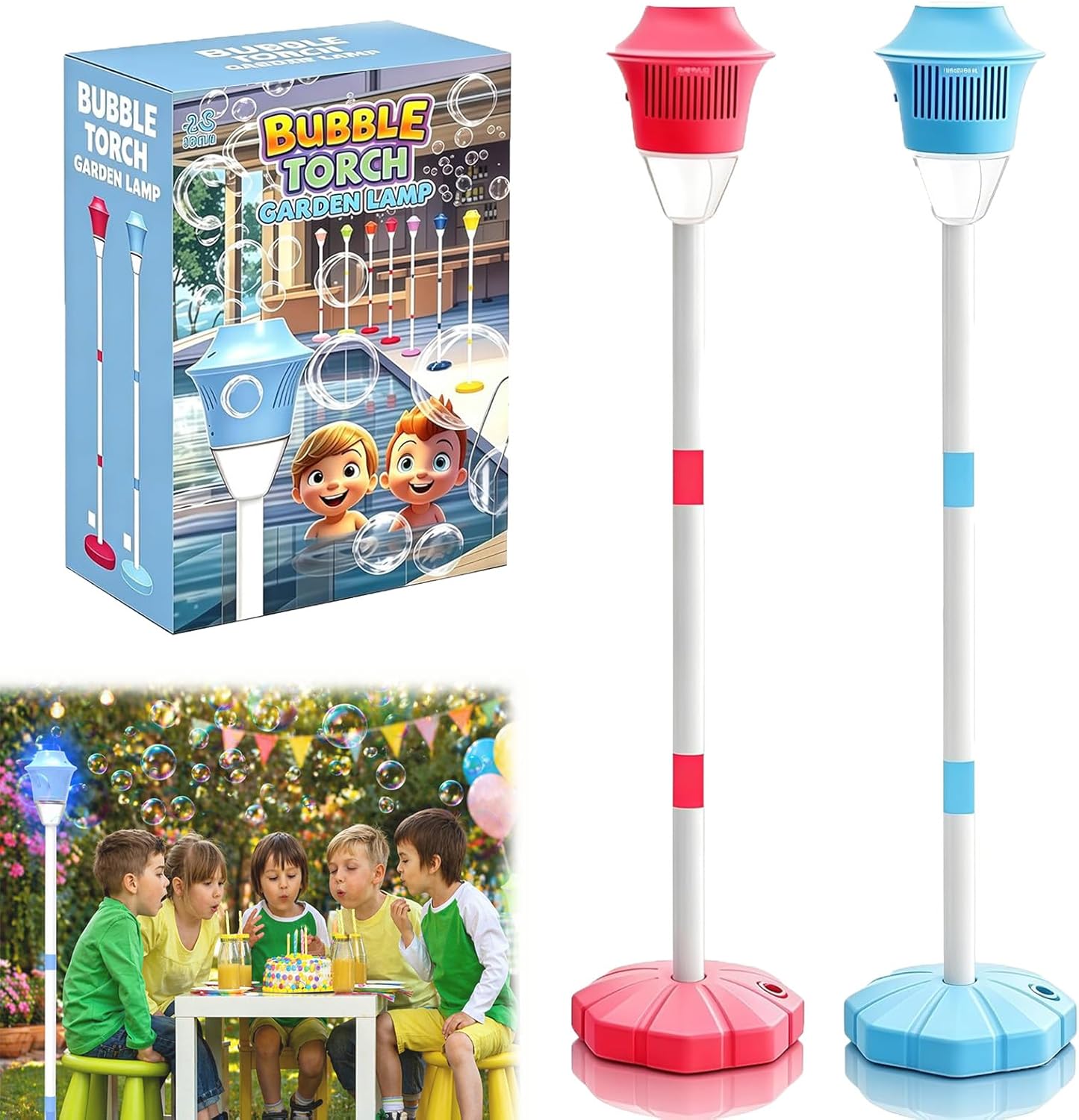 2026 New Automatic Bubble Machine for Kids, Rechargeable Bubble Torch Garden Lamp, 3-Level Adjustable Heights, Detachable Bubble Wand for Outdoor Garden, Patio, Wedding, Party (Red+Blue)