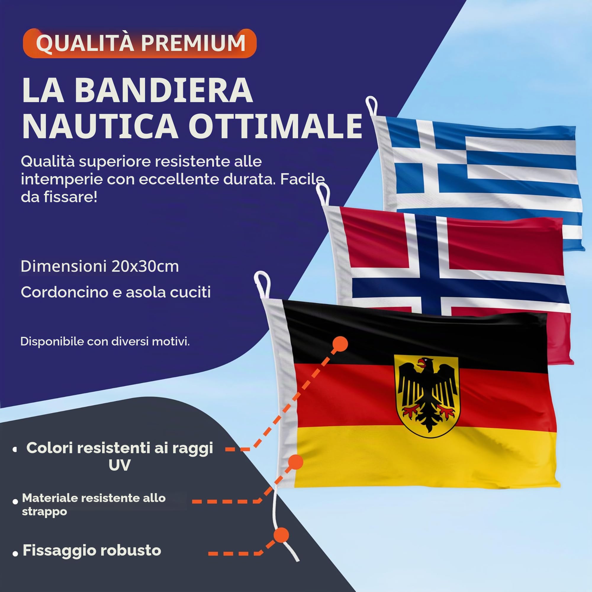 bandiera per barca Italia 30 x 20 cm formato orizzontale - peso del tessuto 115g/m² - stampata, robusta con corda e occhiello, accessori per barca barca a motore
