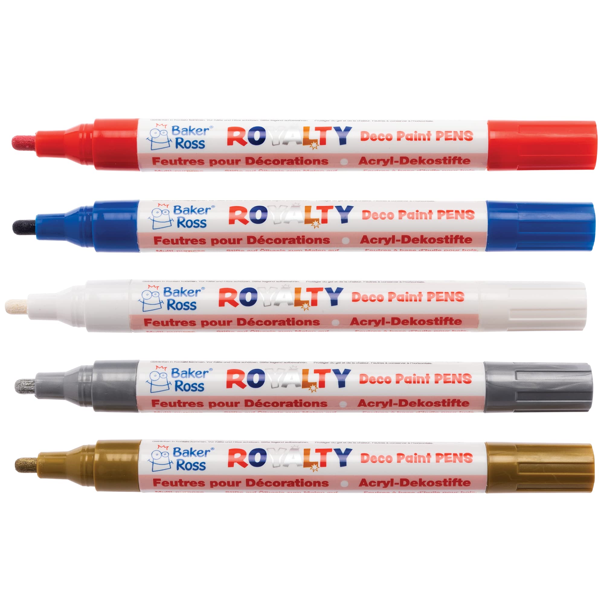 Baker Ross PJ122 Red White and Blue Multi Purpose Deco Paint Pens - Pack of 5, Royalty Themed Pens for Crafts