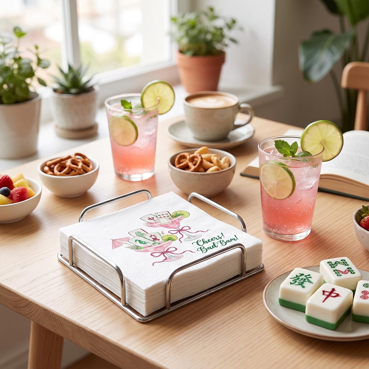 RUSPEPA 25 Pcs Mahjong Cocktail Napkins, Cheers Bad Bam Watercolor Mahjong Tiles Martini Design Disposable Paper Napkins for Game Night, Birthday, Girls Night, Summer Party Table Decor, 5 x 5 Inch