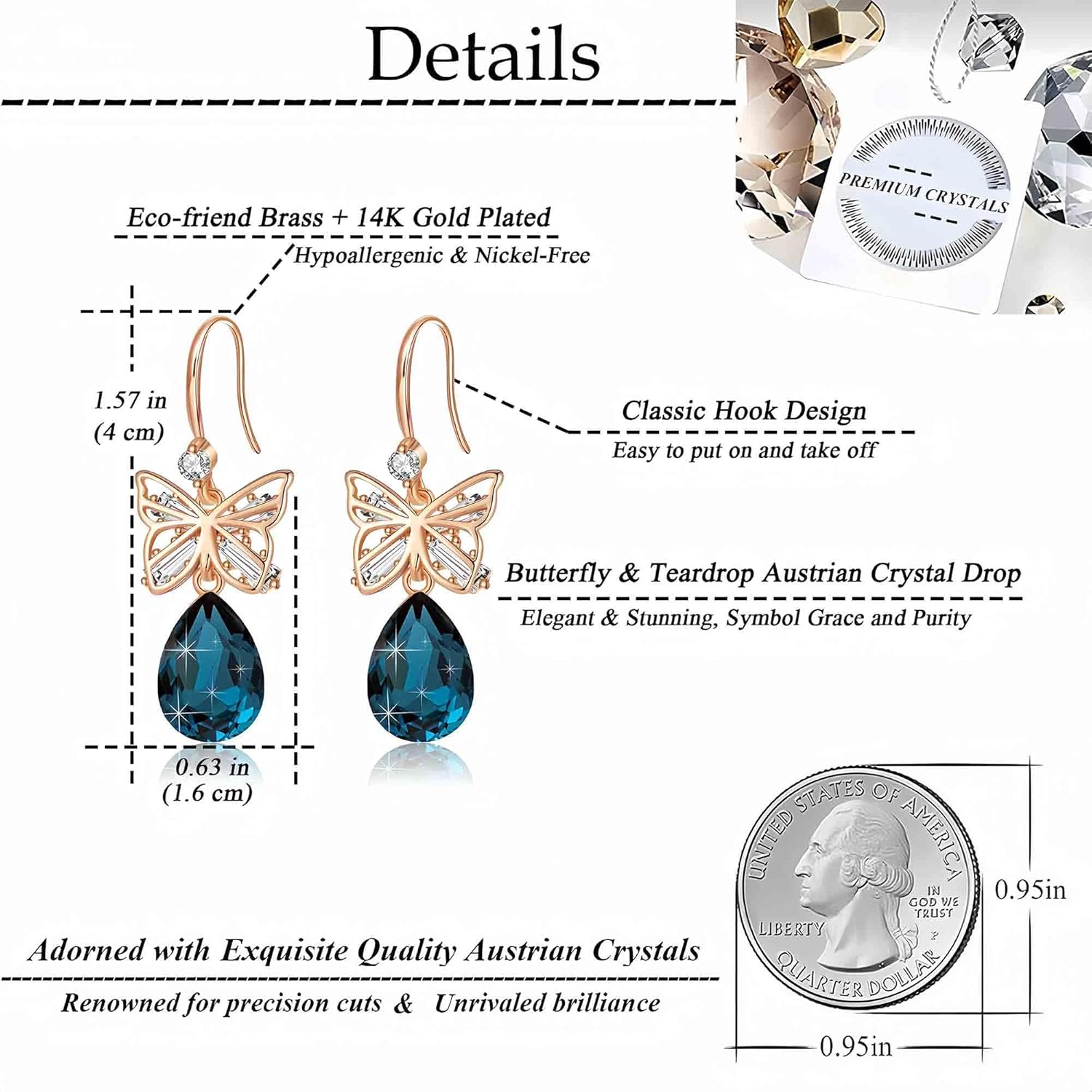 Austrian Crystal Teardrop Butterfly Drop Dangle Earrings for Women 14K Rose Gold Plated Hypoallergenic Jewelry - Image 4