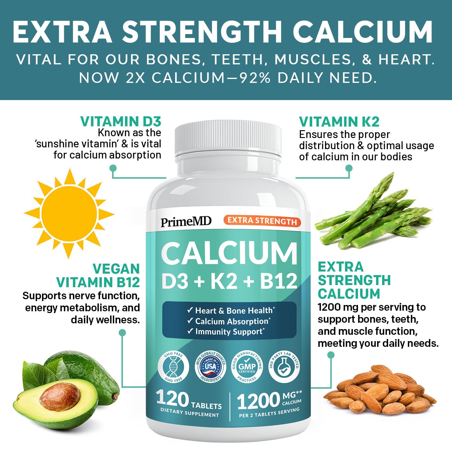 PrimeMD 4-in-1 Calcium 1200mg, Vitamin D3 K2 5000IU, Vegan Non-GMO, 120ct — Amazon image 2