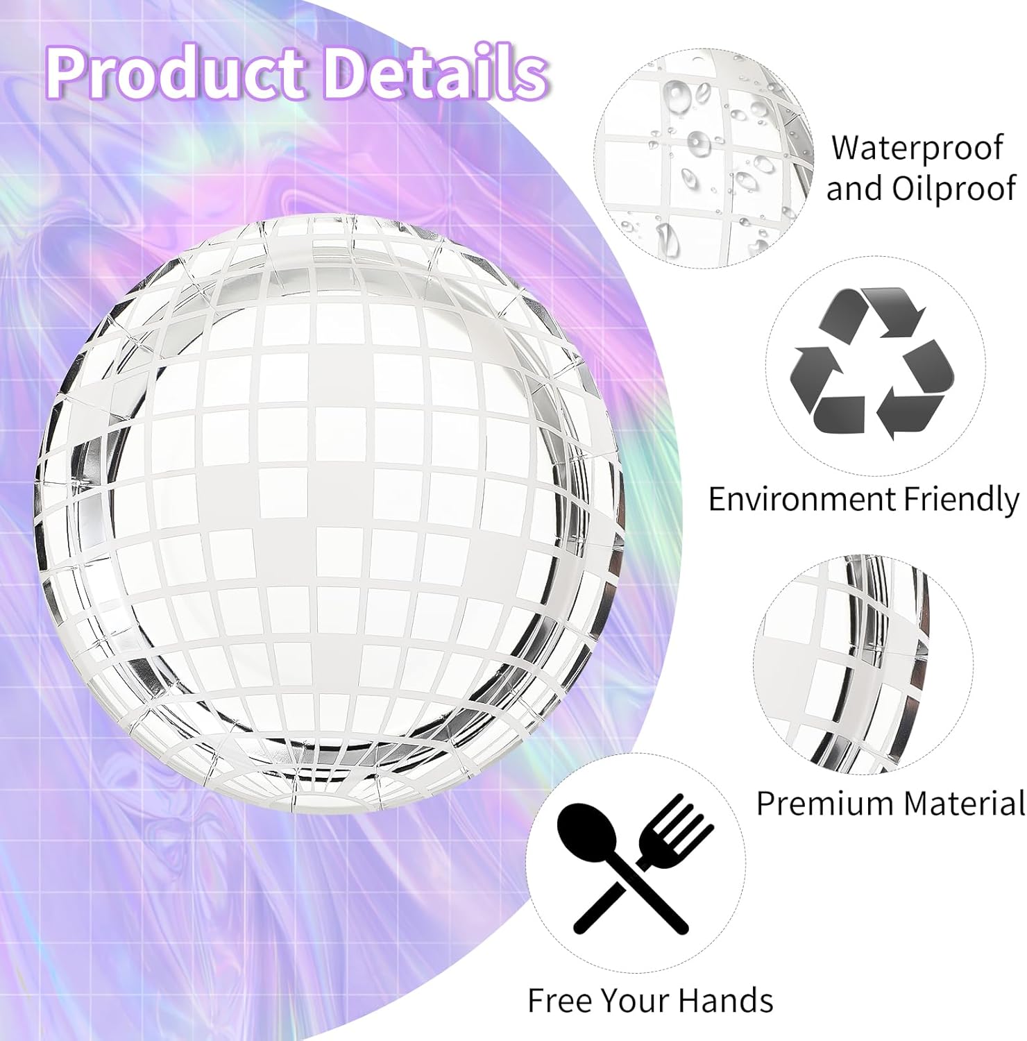 miikoul 50 Pcs Disco Paper Plates Silver Foil Disposable Plates 70s Disco Party Supplies Bachelorette Plates Disco Ball Dessert Dinner Plates for Birthday 70s Disco Party Wedding(7"",9""), Small - Image 3