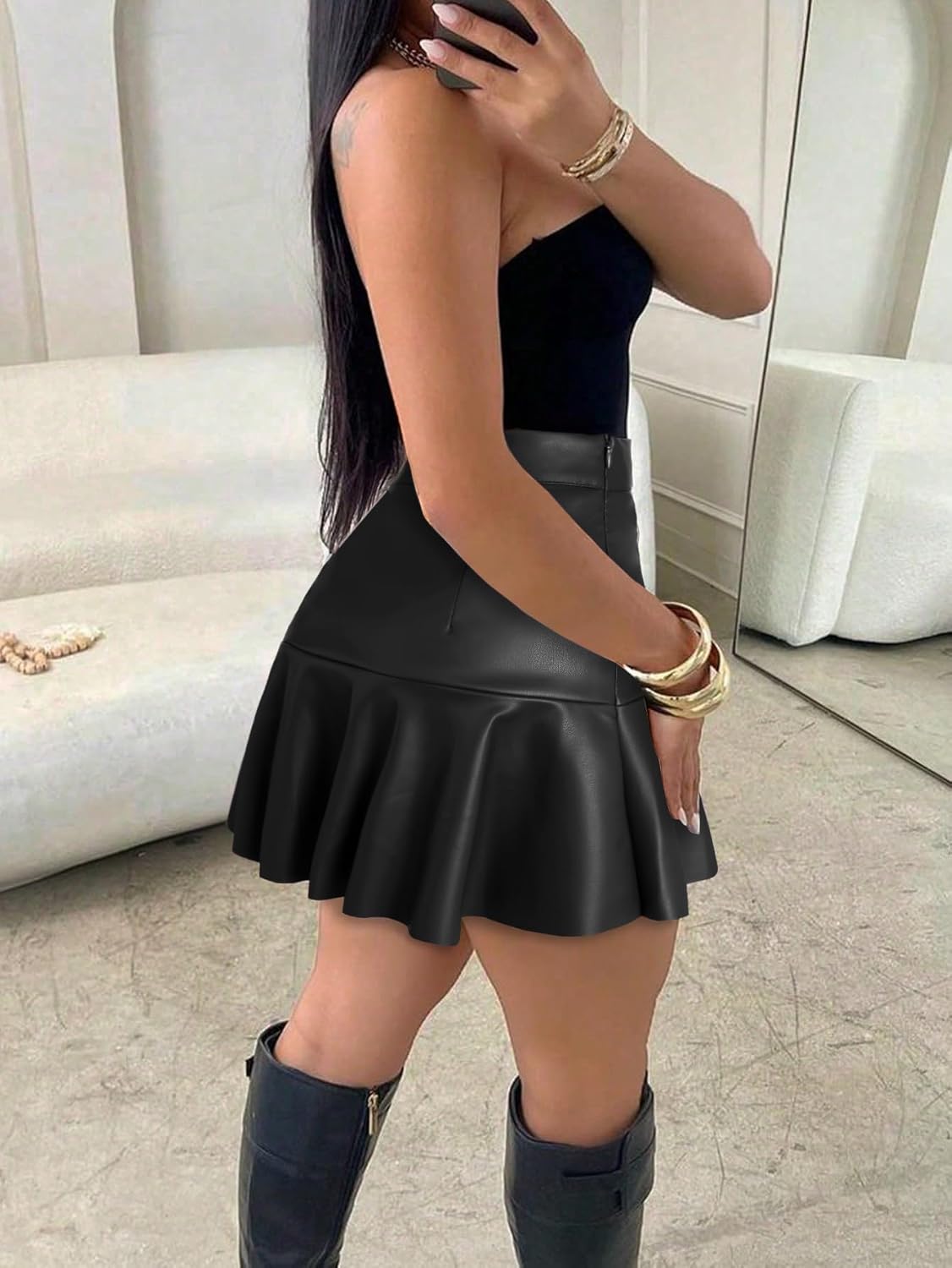 PU Leather Shorts for Women High Waisted Split Hem Mini Skort Bodycon Skirts - Image 2