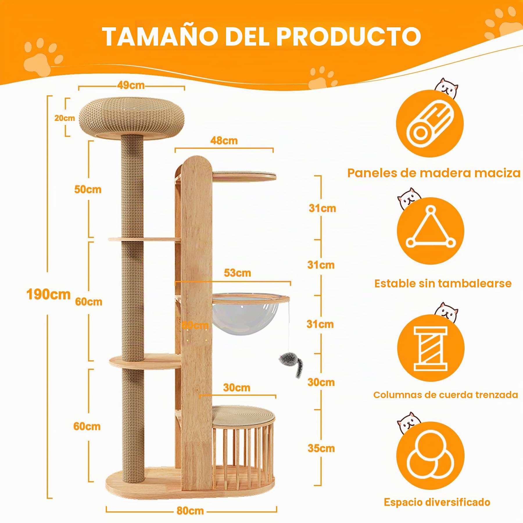 Árbol rascador de madera diseño 190 cm grande - Premium árbol para gatos grandes con postes envueltos en sisal, 3 plataformas, 1 casa escondida y cápsula de astronauta, centro de juego estable