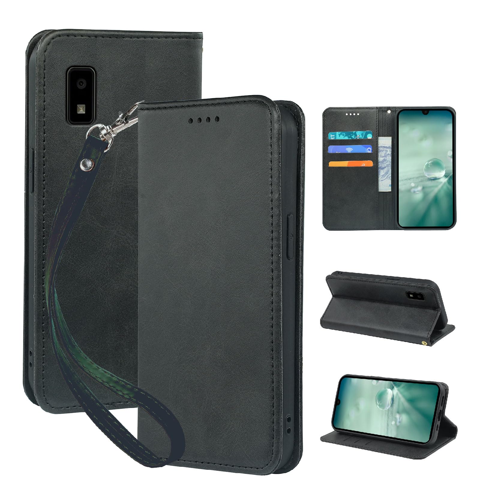 seninhi 対応 AQUOS wish wish2 用の ケース 手帳型 ウィッシュ shg06 [ SH-M20 / A104SH / SH-51C ] スマホケース 職人仕様 手縫い革ケース スタンド機能付き 財布型 360度保護 耐衝撃 カード収納 レザー 多機能 ベルトループ付き‌ おしゃれ 携帯カバー ブラック XNWWISHPG