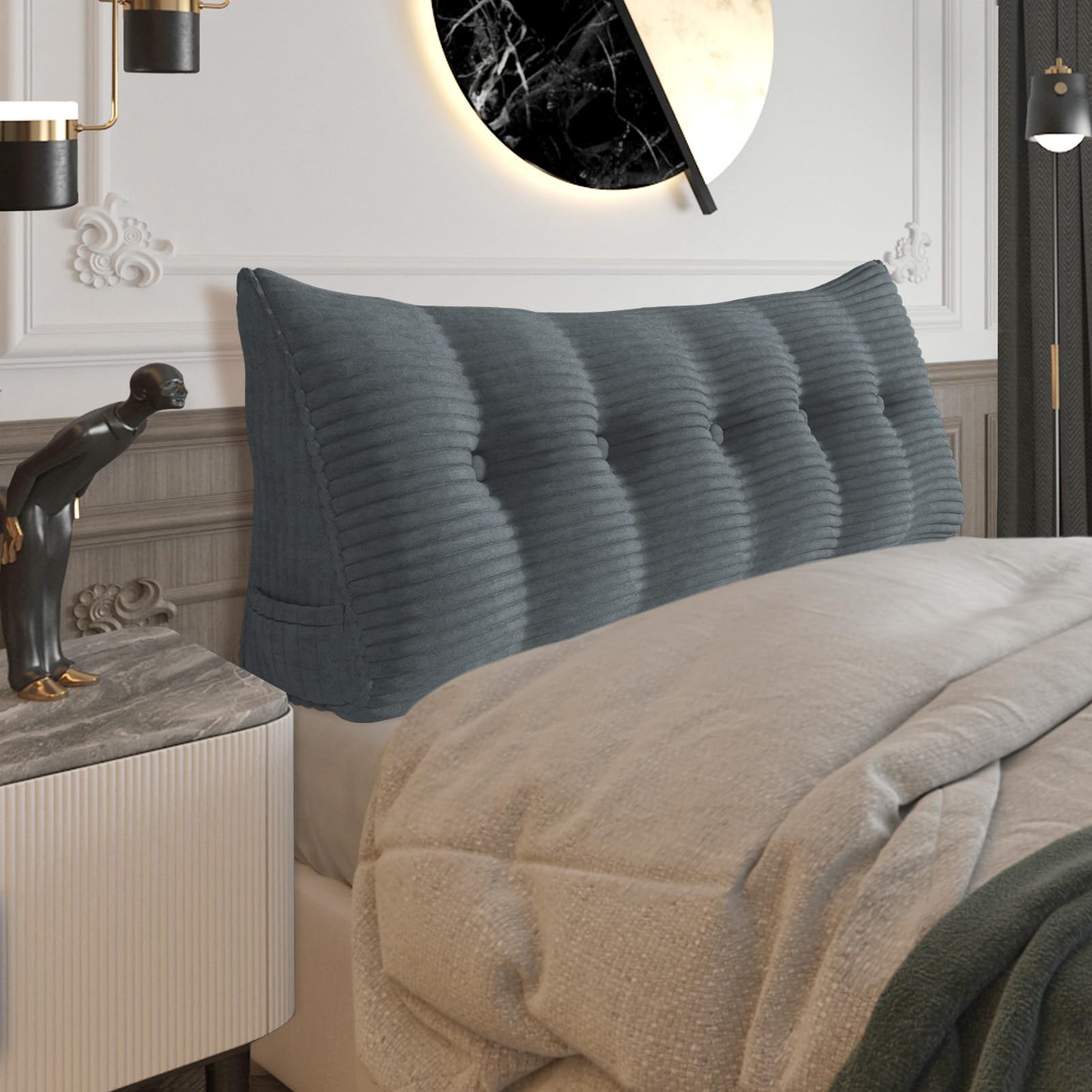 cuscino con cuneo in corduroy - grande cuscino triangolare per testiera per divano letto e riposo, supporto per la lettura, cuscinetto per posizionamento dei piedi (Grigio, 160x50x20cm)