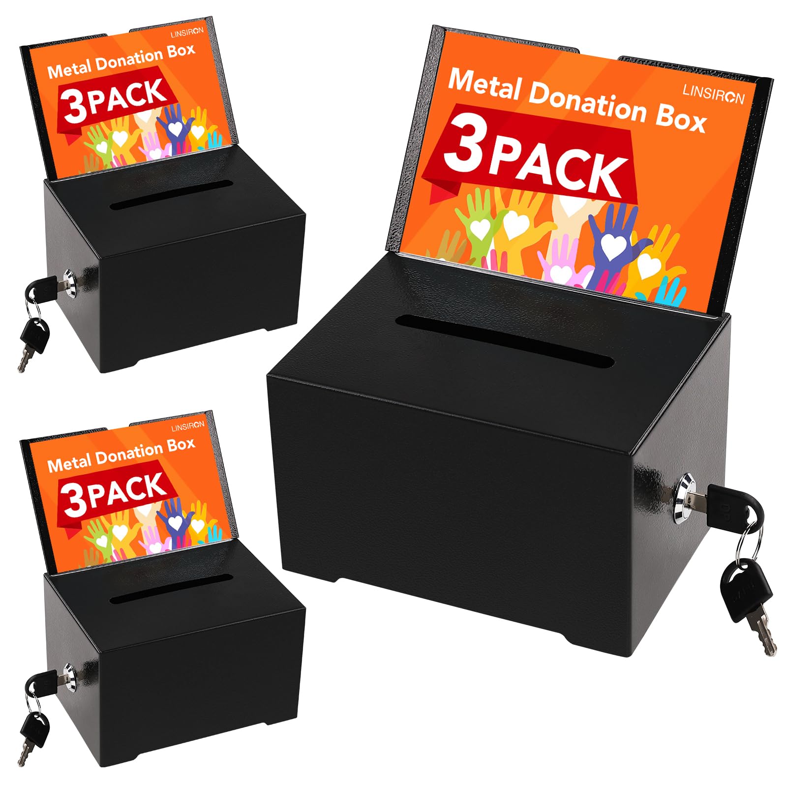 LINSIRON Black Metal Donation Box with Lock,3 pack raffle ticket box donation boxes for fundraising,tip jar,Suggestion Box with Sign Holder,Multi-Use Secure Storage with 2 Keys,6.3x4.72x3.94 Inch