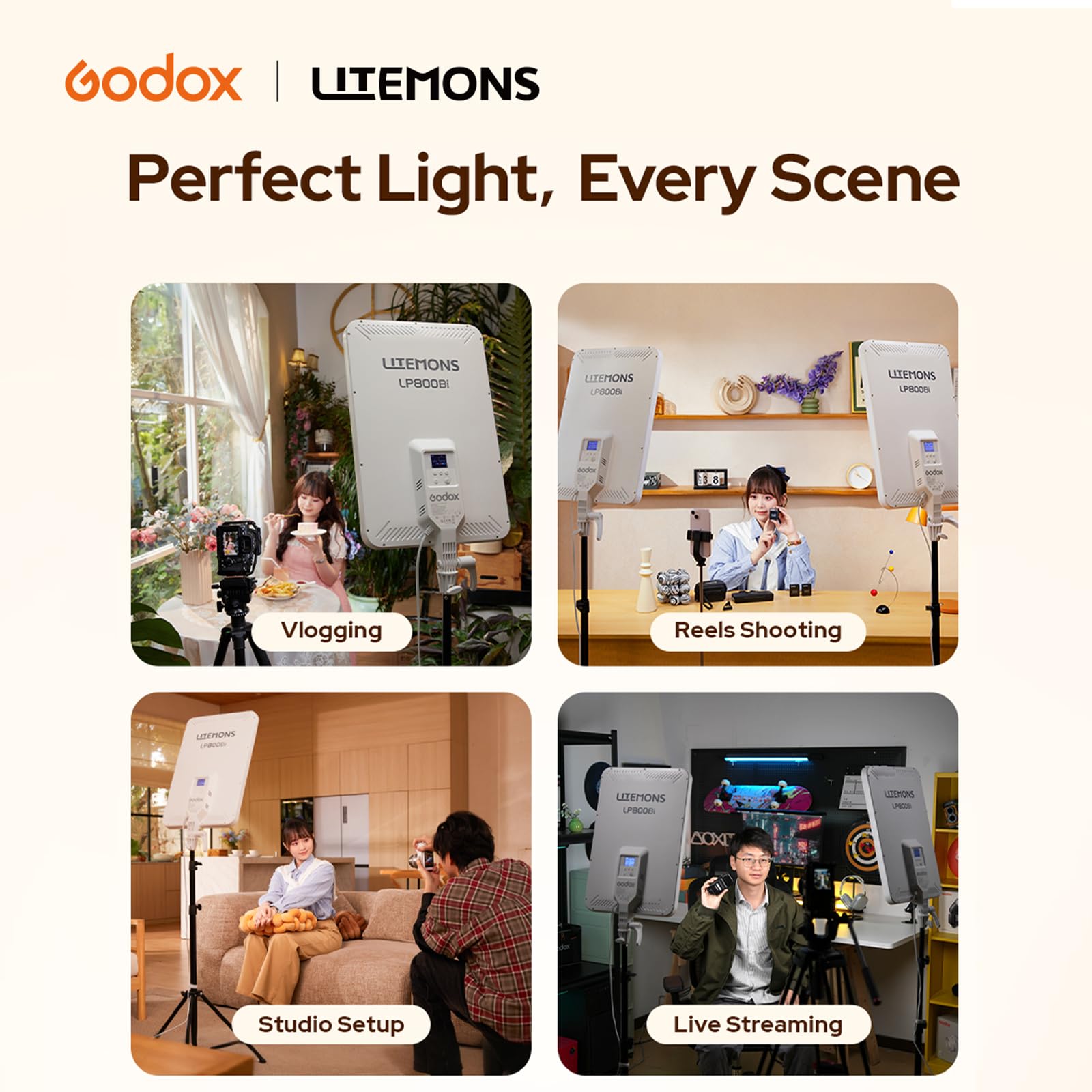 Godox LP800Bi Panneau LED 85W Bi-Color 2800-6500K CRI96 Studio Vidéo