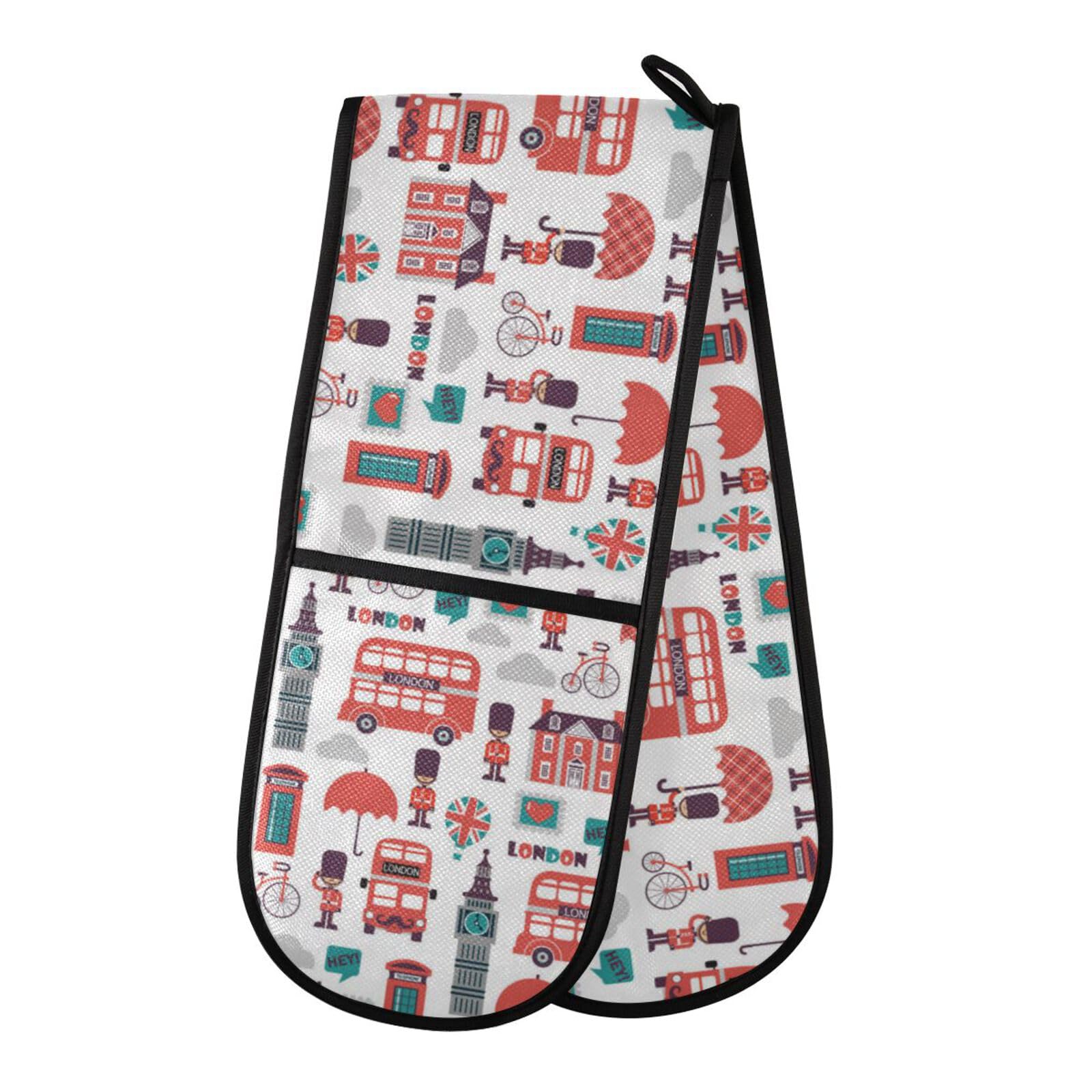 Double Oven Gloves Heat Resistant London Bus Big Ben Double Oven Mitts Pot Holder Heat Protection Oven Gloves for Home Kitchen Baking Cooking BBQ Microwave