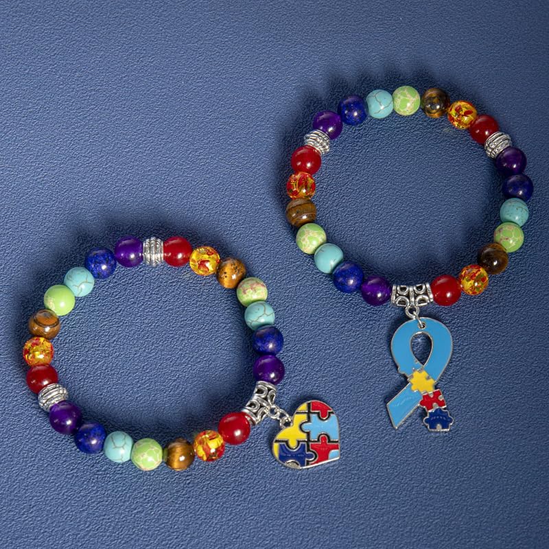 Autism Awareness 7 Chakra Beads Elastic Bracelet Colorful Beaded Love Heart Cross Ribbon Puzzle Jigsaw Charm Jewelry Gift for Autism Teacher Autistic Population3