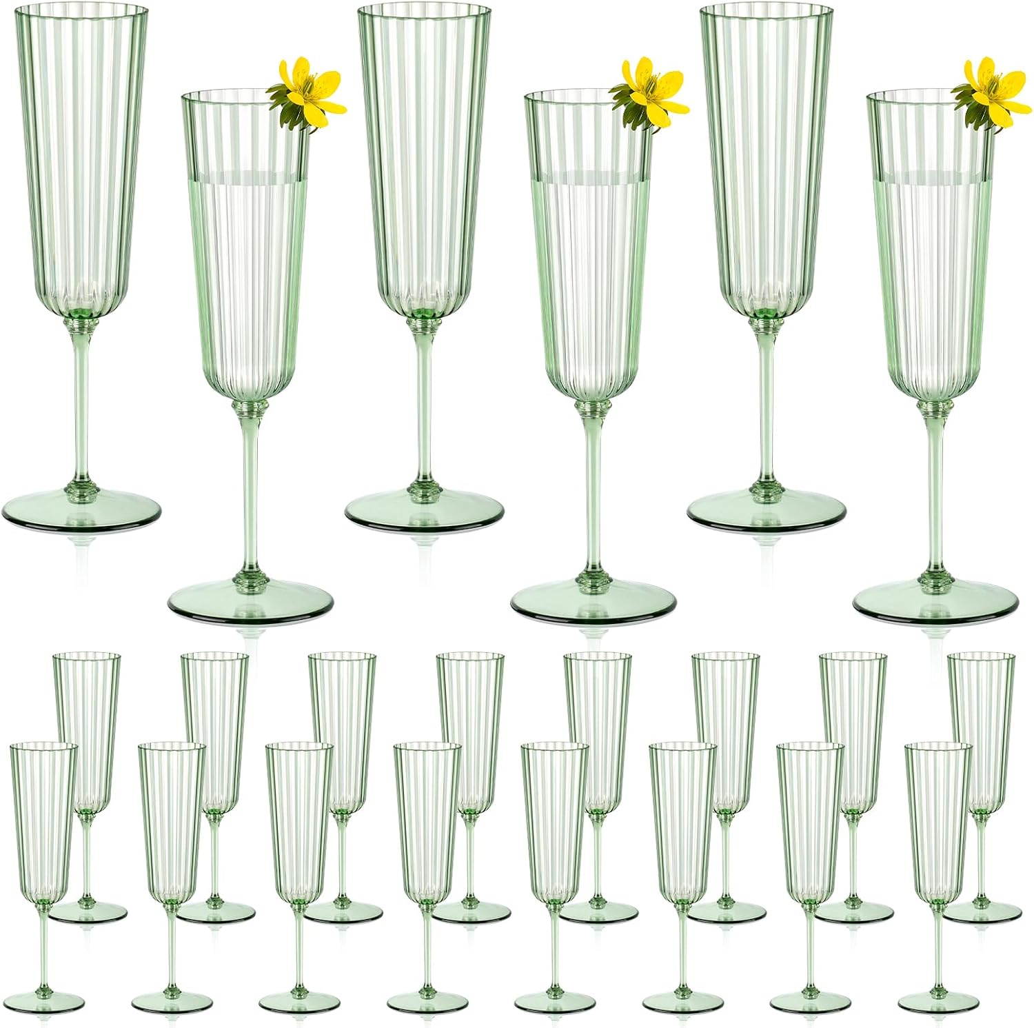 24 Pack Plastic Champagne Flutes Sage Green Unbreakable Ribbed Champagne Glasses Detachable 5.5 Oz Disposable Wine Stemware Glasses Toasting Cups for Wedding Christmas Baby Shower Party