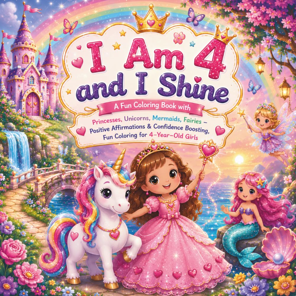I Am 4 and I Shine: A Fun Coloring Book with Princesses, Unicorns, Mermaids & Fairies | Positive Affirmations, Confidence Building, and Creative Fun for 4-Year-Old Girls