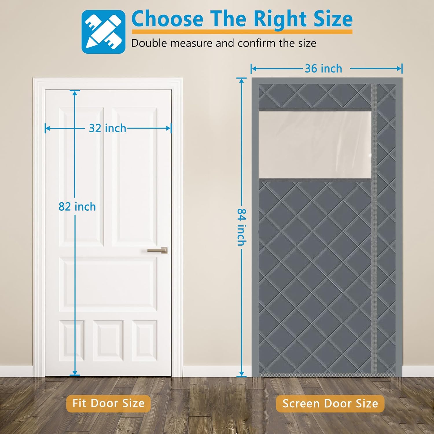 Magnetic Thermal Insulated Door Curtain, 32 x 82 Inch Winter Door Cover Curtain Size 36 x 84 Waterproof Thick Insulation Blanket with Visible Window Side Opening Gray