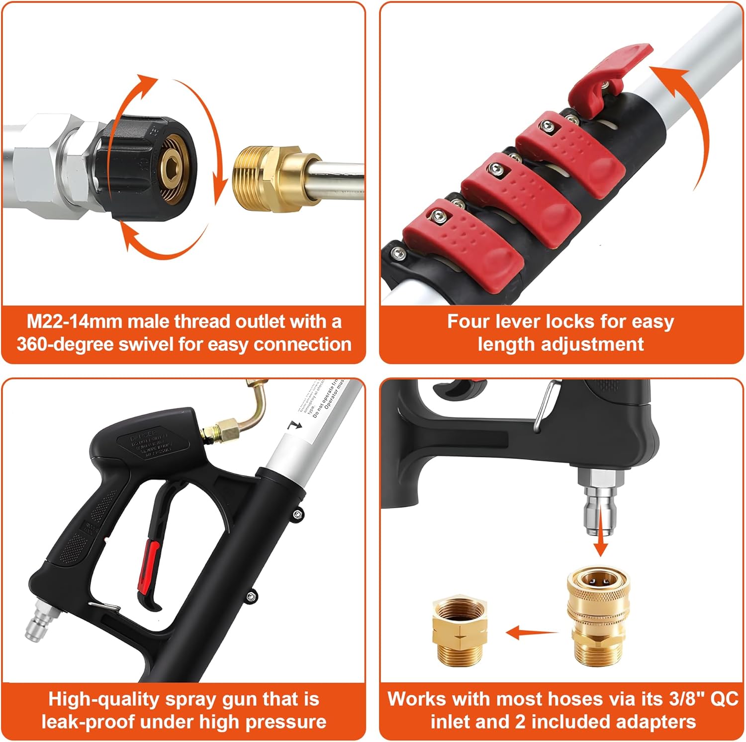 Telescoping Pressure Washer Wand 24 ft Power Washer Extension Wand Aluminum Pressure Washer Extension Wand 24 Feet with Brush Head, Gutter Cleaner, 7 Spray Nozzle Tips, 2 Hose Adapters, Support Belt