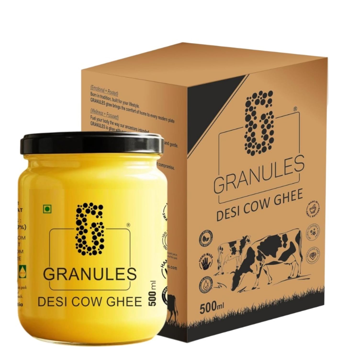 GRANULES Pure Cow Ghee 500ml | Natural Desi Ghee | Premium Cow Ghee | Organic Pure Ghee | Traditional Method | Authentic for Cooking | Healthy & Flavorful | Ghee Cow 500ml Glass Jar – Pack of 1