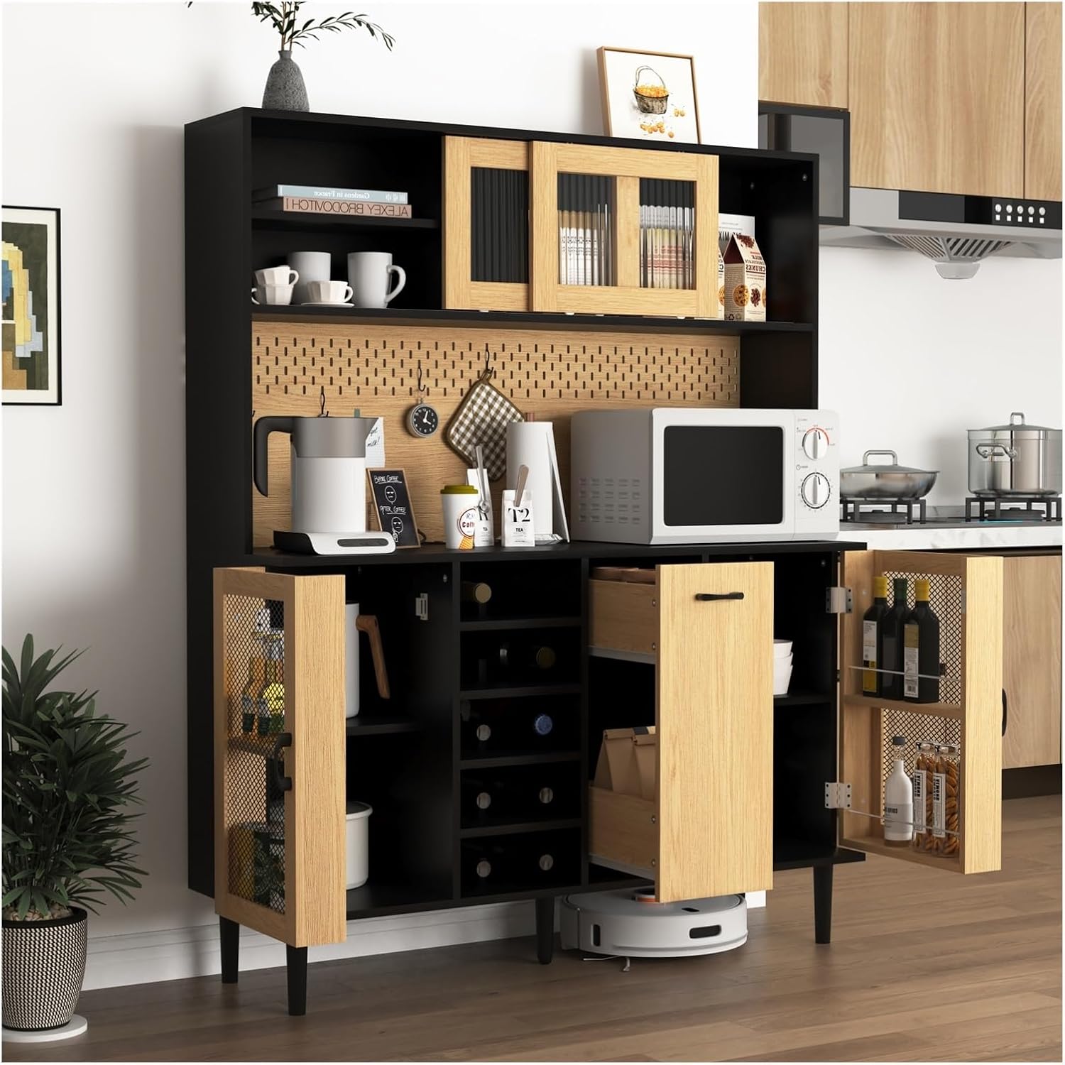 59" H Buffet Sideboard Cabinet with Storage Door & Power Outlet, Farmhouse Coffee Bar Cabinet with Wine Rack, Kitchen Pantry Living Room Black&Natural,for The Kitchen