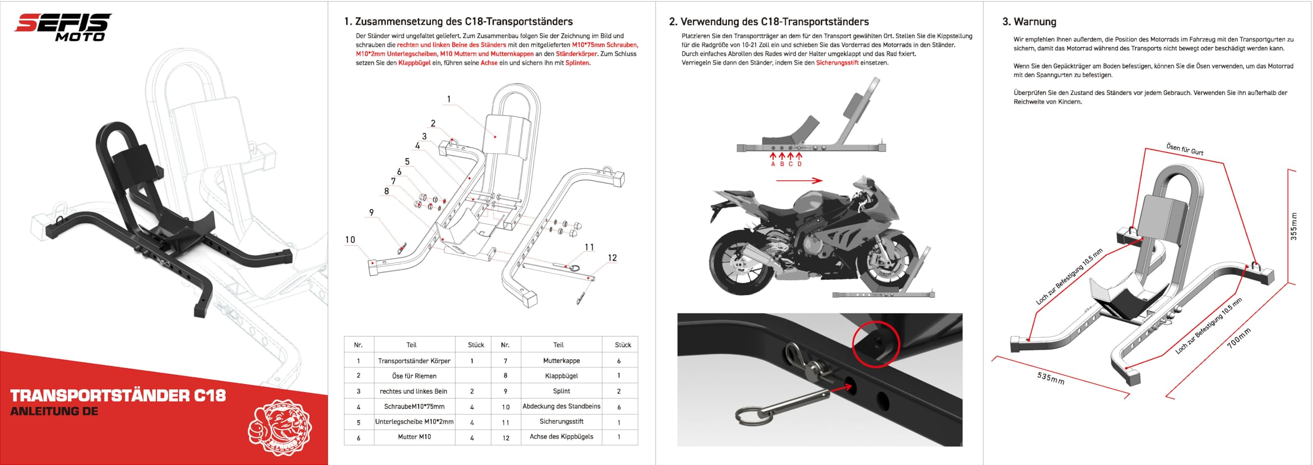 SEFIS C18 Soporte de transporte para motocicleta delantera de motocicleta, balancín de motocicleta, soporte de transporte, para neumáticos delanteros de 12 – 21 pulgadas, soporte de motocicleta