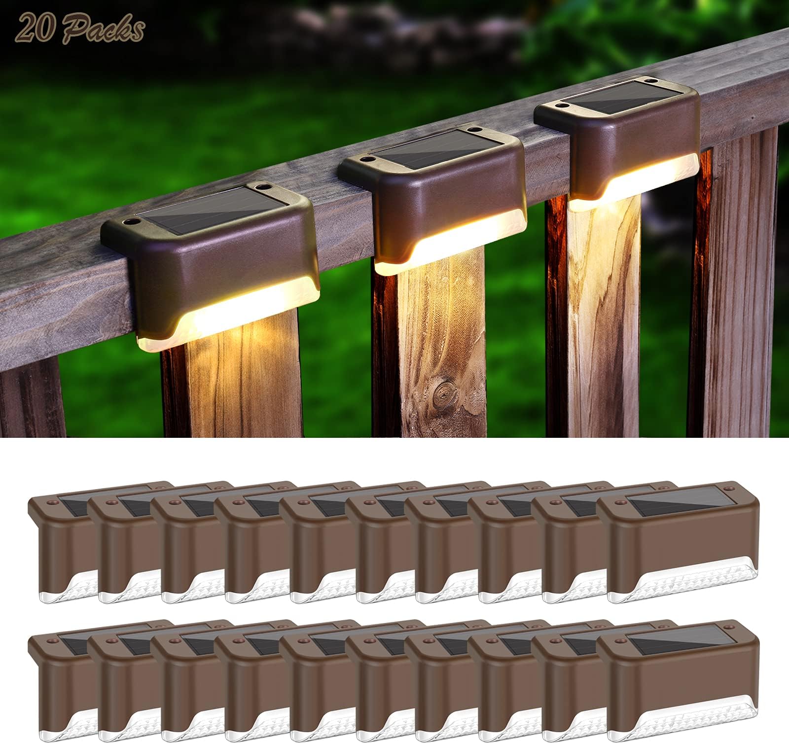 MAXvolador 20-Pack Deck Lights, Solar Powered Step Light Waterproof, LED Outdoor Fence Lighting Bronze Finished for Stairs Patio Path Yard Garden Decor, Warm White