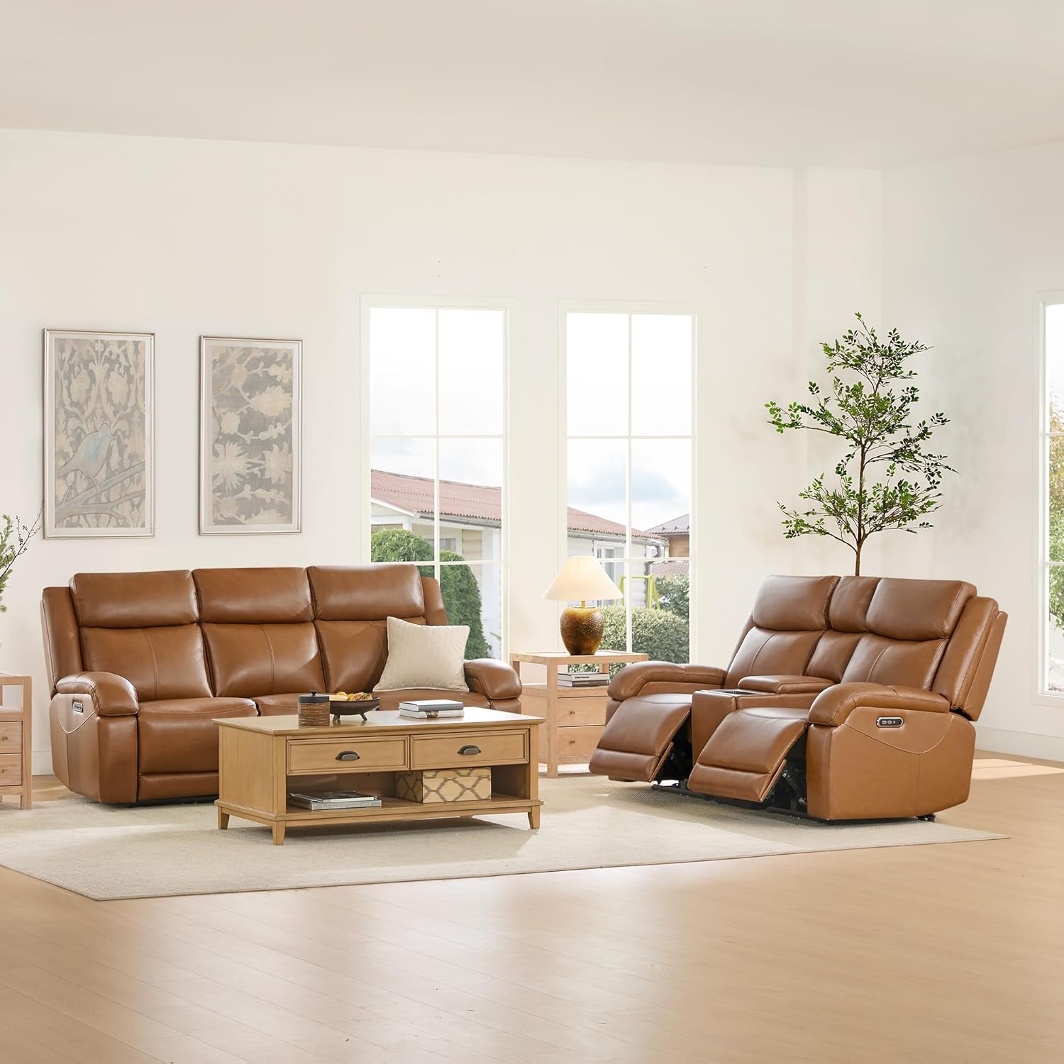 Watson & Whitely Power Reclining Sofa and Loveseat Sets, Genuine Leather Sofa Recliner Couch Set with Power Headrest, Storage Console, USB Ports, Cup Holders, Living Room Furniture Set, Saddle Brown
