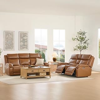 Watson & Whitely Power Reclining Sofa and Loveseat Sets, Genuine Leather Sofa Recliner Couch Set with Power Headrest, Storage Console, USB Ports, Cup Holders, Living Room Furniture Set, Saddle Brown