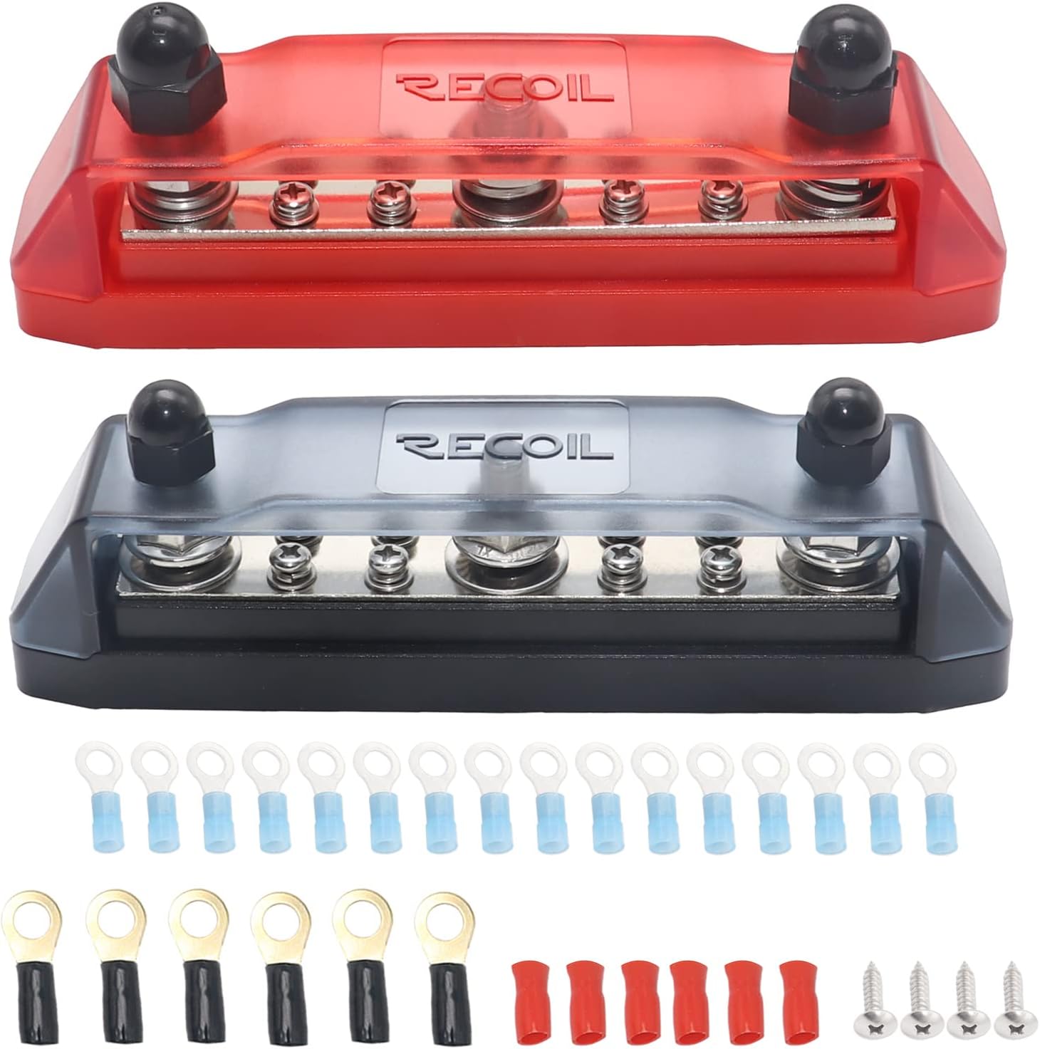 RECOILBB38P Busbar 3 x 3/8โ Studs 8 x #8 Screw Terminals (Red) & 3 x 5/16โ Studs 8 x #8 Screw Terminals (Black) Power Distribution Block with Ring Terminals, Pair