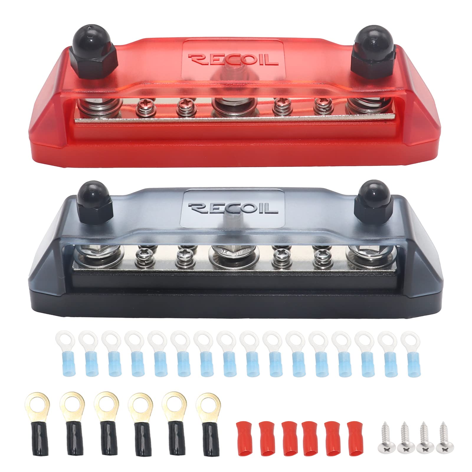 RECOILBB38P Busbar 3 x 3/8” Studs 8 x #8 Screw Terminals (Red) & 3 x 5/16” Studs 8 x #8 Screw Terminals (Black) Power Distribution Block with Ring Terminals, Pair