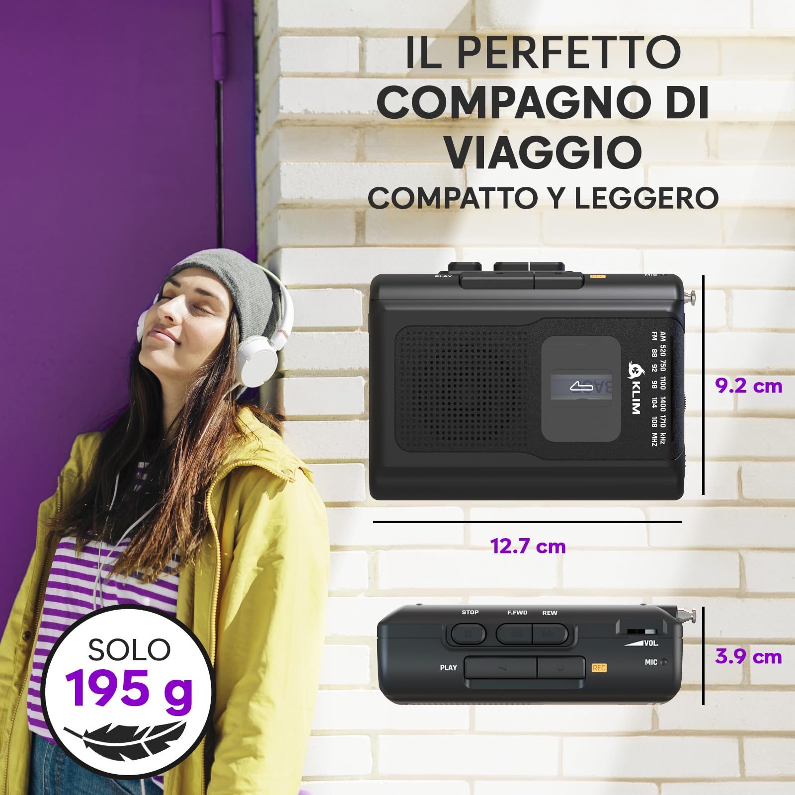 KLIM K8 Lettore Cassette Audio Registratore Cassette Radio AM/FM Microfono Altoparlante Integrato Nero