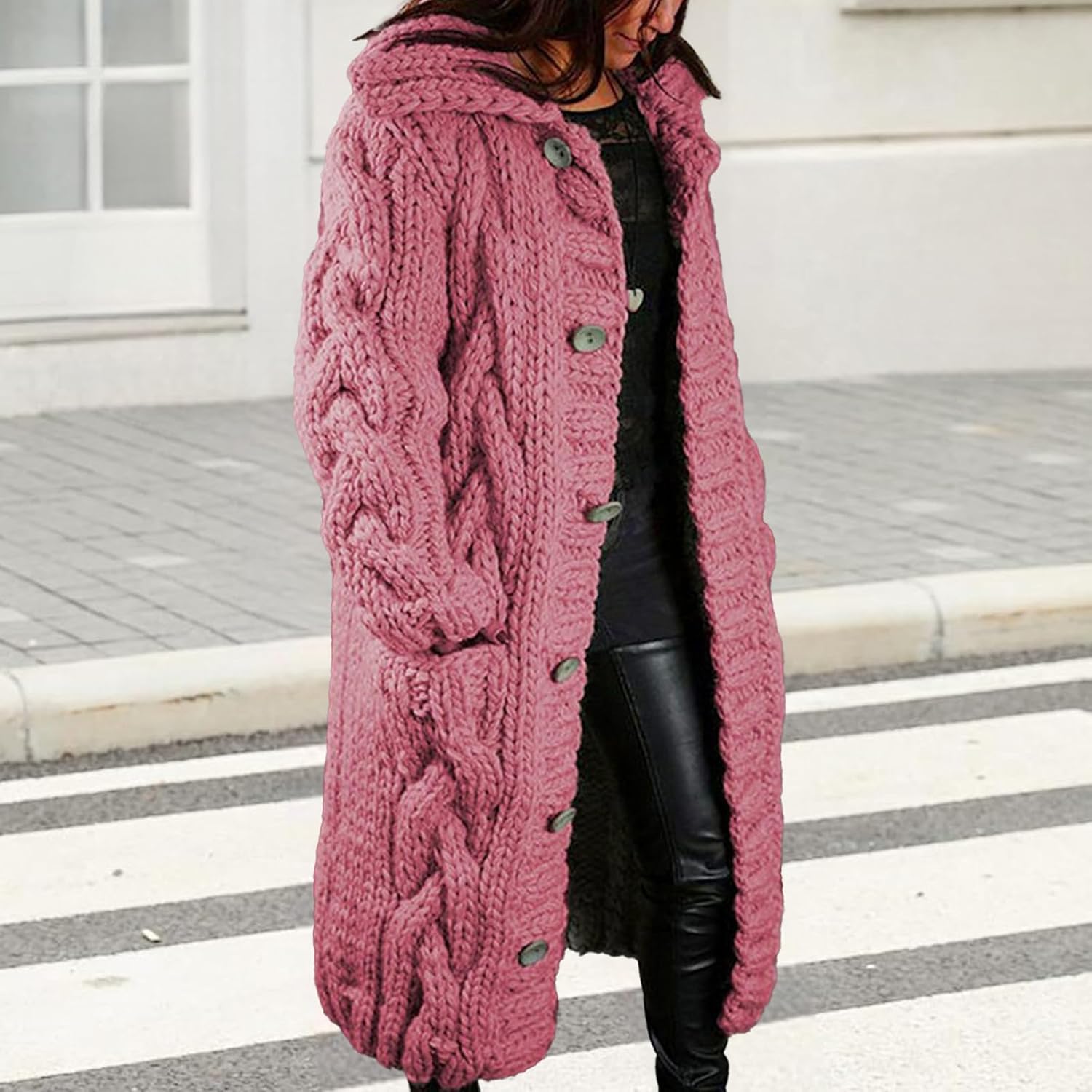 Long Cardigan Sweaters for Womens Fall Cable Knit Casual Coats Long Sleeve Button Open Front Winter Plus Size Sweater - Image 4