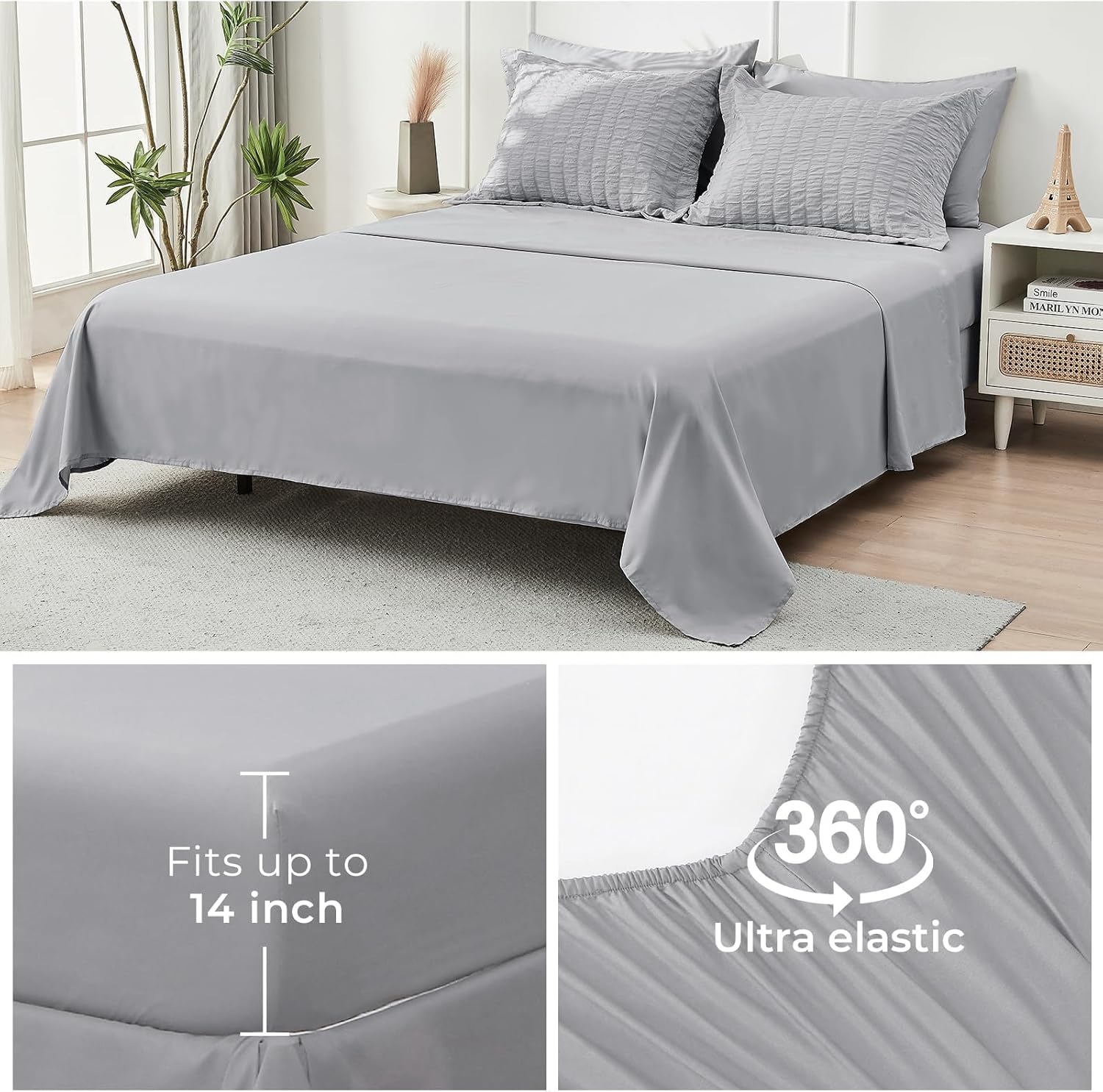 HYMOKEGE Light Grey King Size Comforter Set Seersucker 7 Pieces, All Season Luxury Bed in a Bag for Bedroom, Bedding Set with Comforters, Sheets, Pillowcases & Shams - Image 7