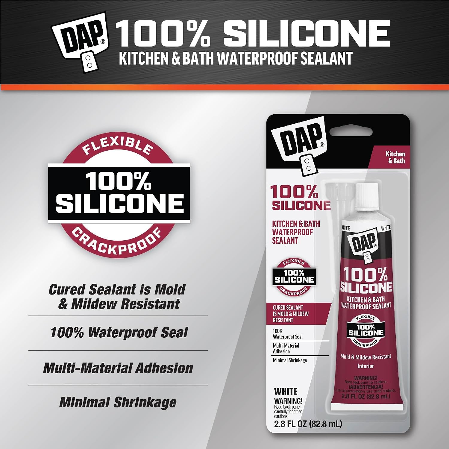 DAP 100% Silicone Rubber Kitchen, Bath & Plumbing Bath Sealant, White, 2.8 oz (7079800950)