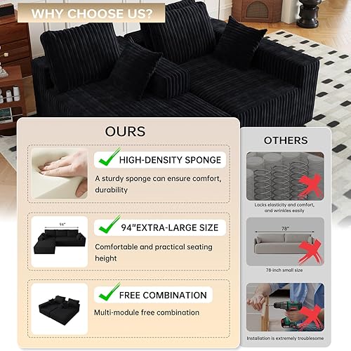 Miniatura 9 de Sofá modular Cloud de 96 pulgadas con diván en forma de L, sofá modular moderno de 4 asientos con bolsillos laterales, sofás tapizados para sala de