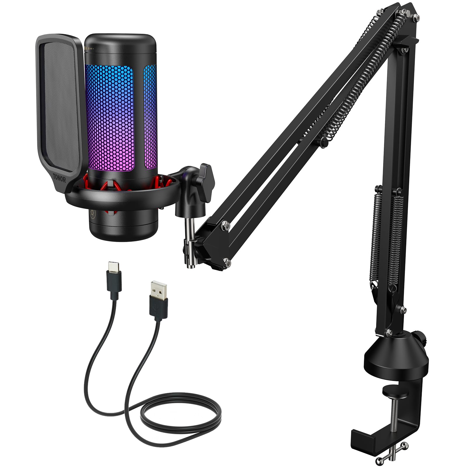 TONOR Gaming Microphone Set with Boom Arm, USB Condenser Mic for PC with Stand, Controllable RGB Lighting Modes & Brightness, Quick Mute, Volume Control, for Twitch Streaming, Discord Chatting TC310+