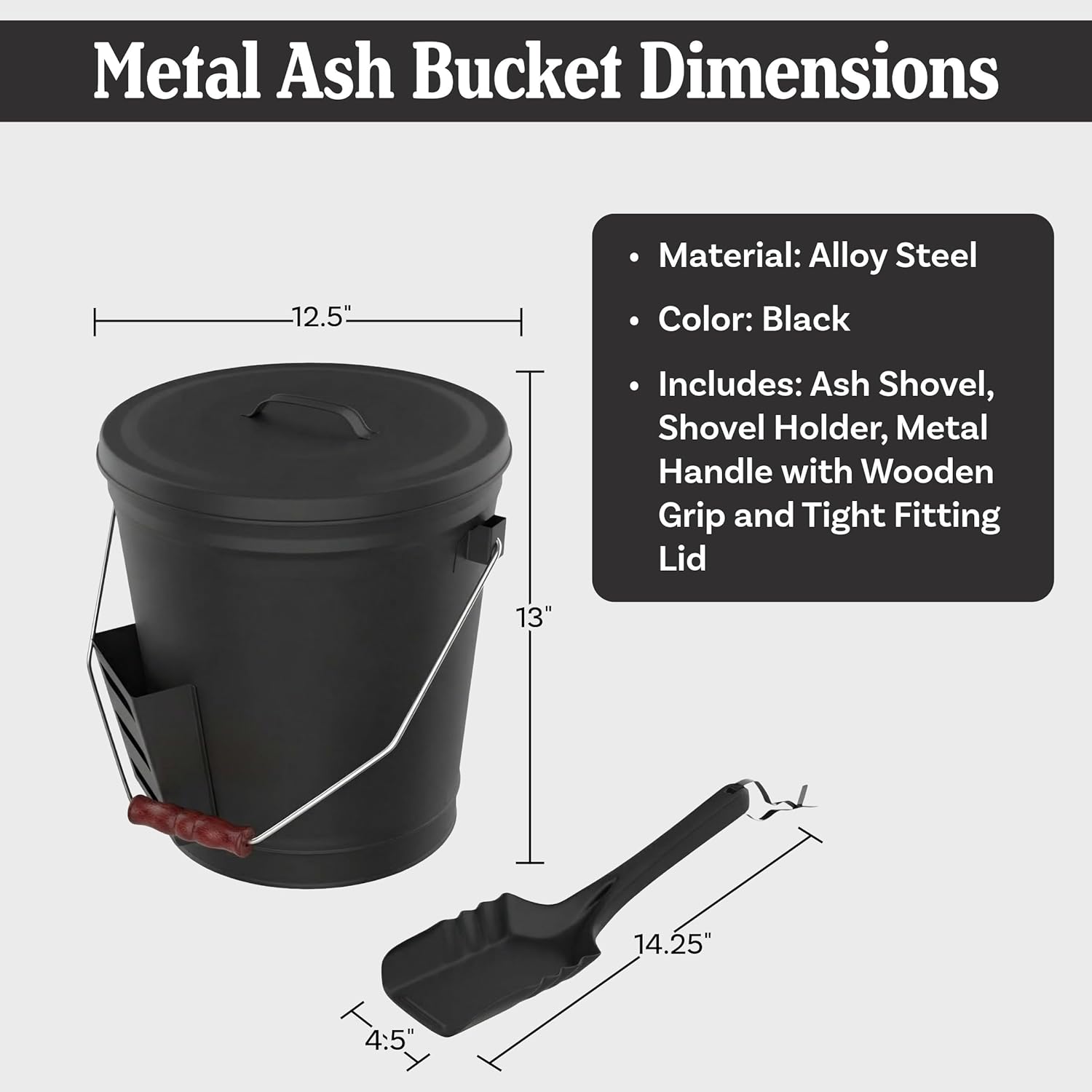 Ash Bucket - 4.75-Gallon Metal Bucket with Lid and Shovel for Fireplace or Firepit Ashes - Heat Resistant Fireplace Tools by Pure Garden (Black)