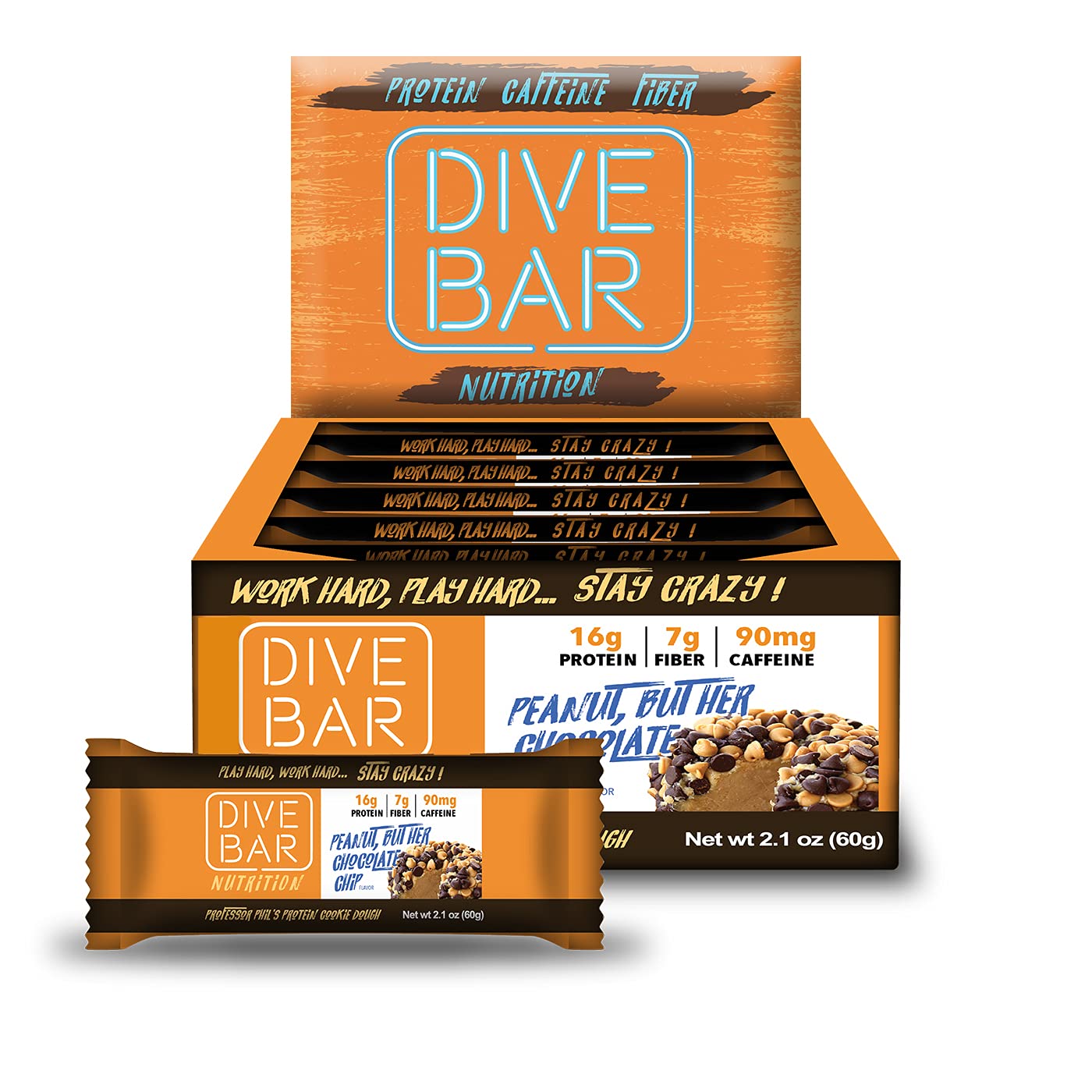 Dive Bar Nutrition Protein Bars | High Protein, High Fiber + 90mg Caffeine| High-Protein Energy Snack | 12 Count (Peanut But Her Chocolate Chip)