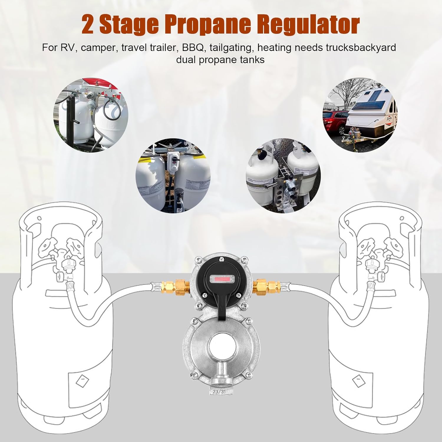 RV Propane Regulator 2 Tank-2-Stage Auto Changeover LP Propane Regulator, 18 Inch Pigtail Hoses (2 Pcs) with Gauge, 1/4" Inverted Male Flare / QCC1 Fitting, 3/8" NPT Female, for RVs,Trailers, Camper