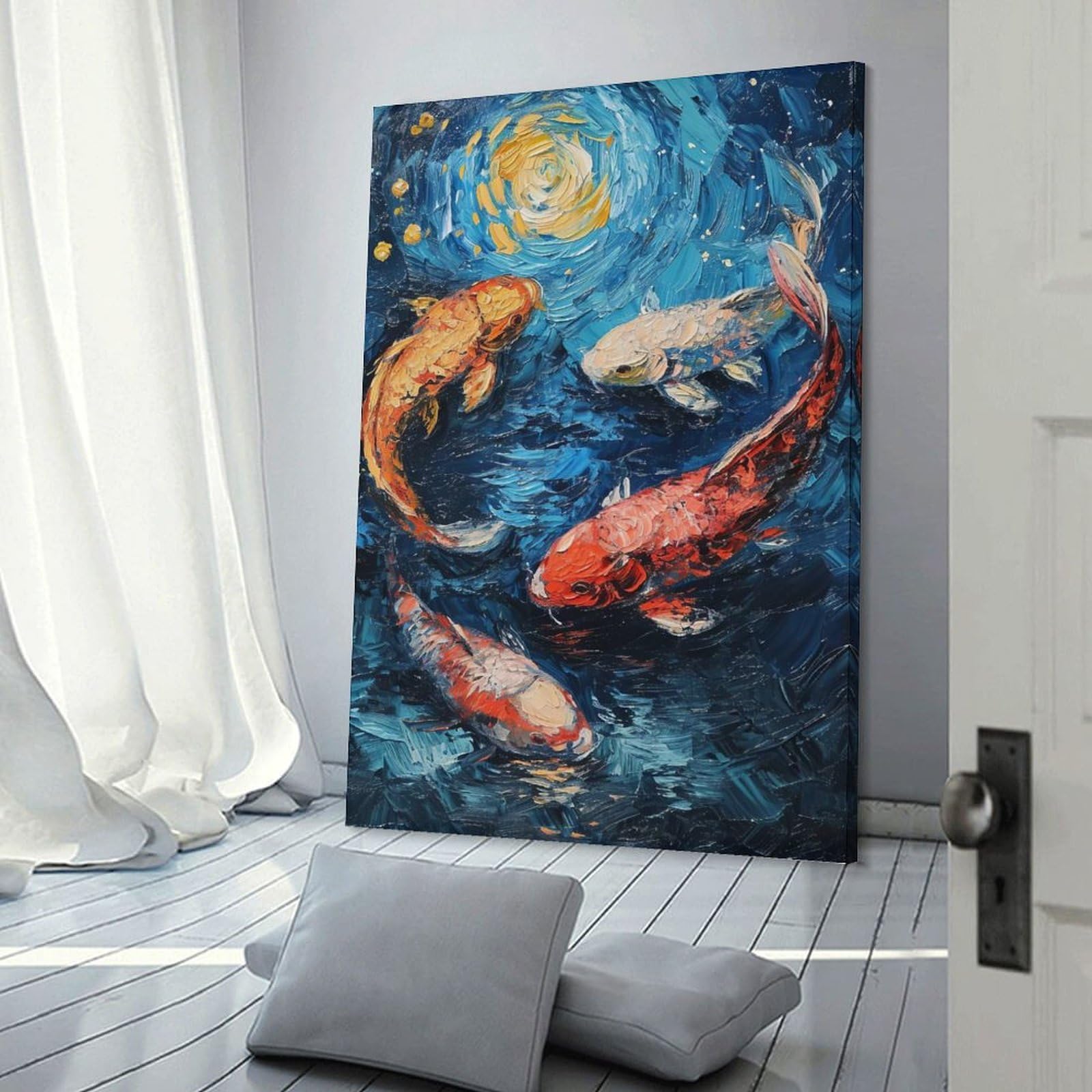 Junmoney Frame-Style-7 Wall Picture Print Koi Fish Impressionist Painting, 12X18inch(30X45cm), For Entrance Walls, Hall Decor Or Foyers, Home Artwork For First Impressions