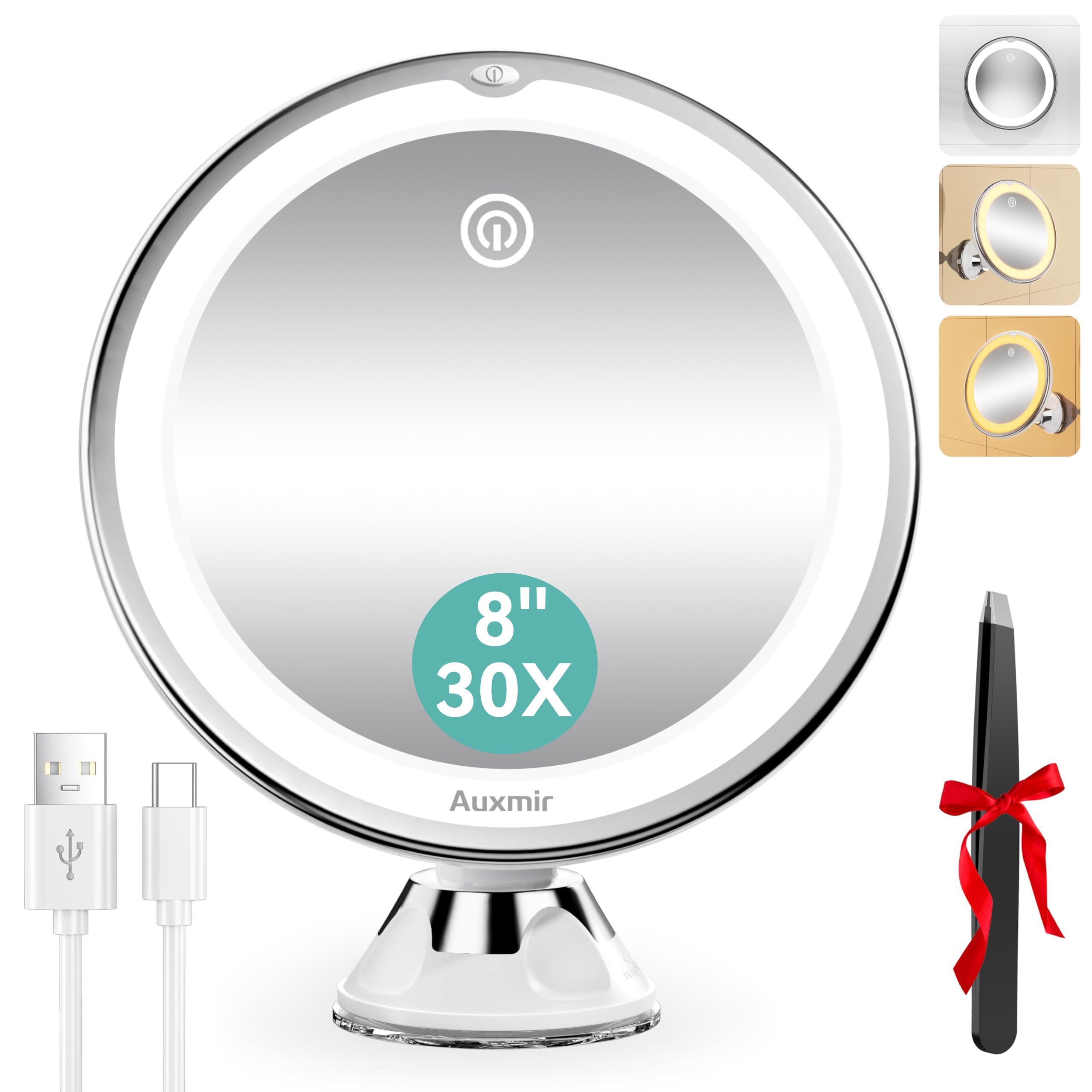 Auxmir Kosmetikspiegel mit 30X Vergrößerung, 2000mAh LED Schminkspiegel mit Beleuchtung, 3 Lichtfarben und Starker Saugnapf, 8 Zoll Vergrößerungsspiegel mit Licht, Dimmbar Rasierspiegel für Reise Bad
