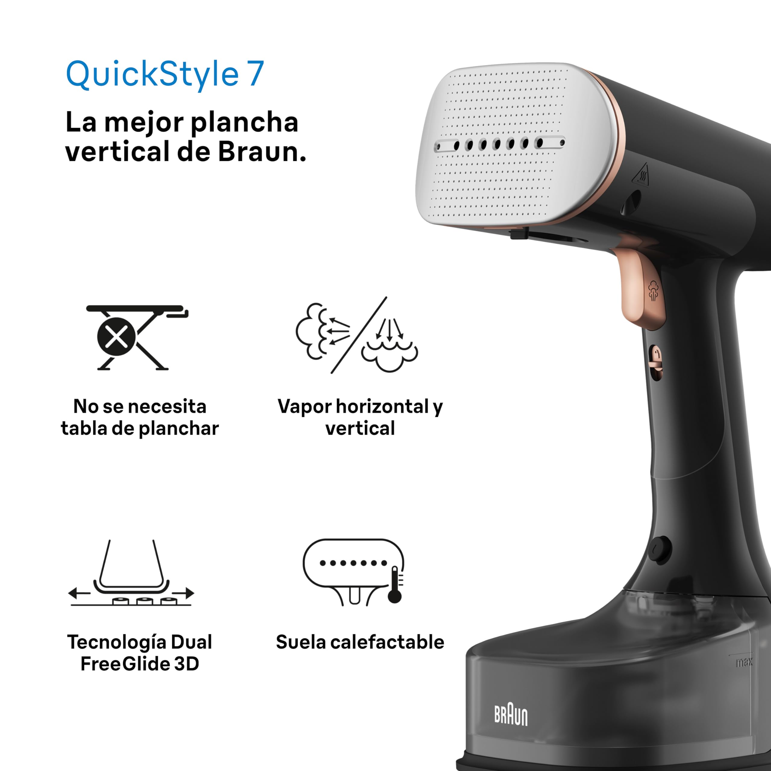 Braun QuickStyle 7 GS7077BK, Plancha de Vapor Vertical con Suela Calefactable FreeGlide 3D, Steamer con Calentamiento Rápido, Flujo Vapor 35 g/min, Capacidad 250 ml, Cable 3 m, 1600W, Negro