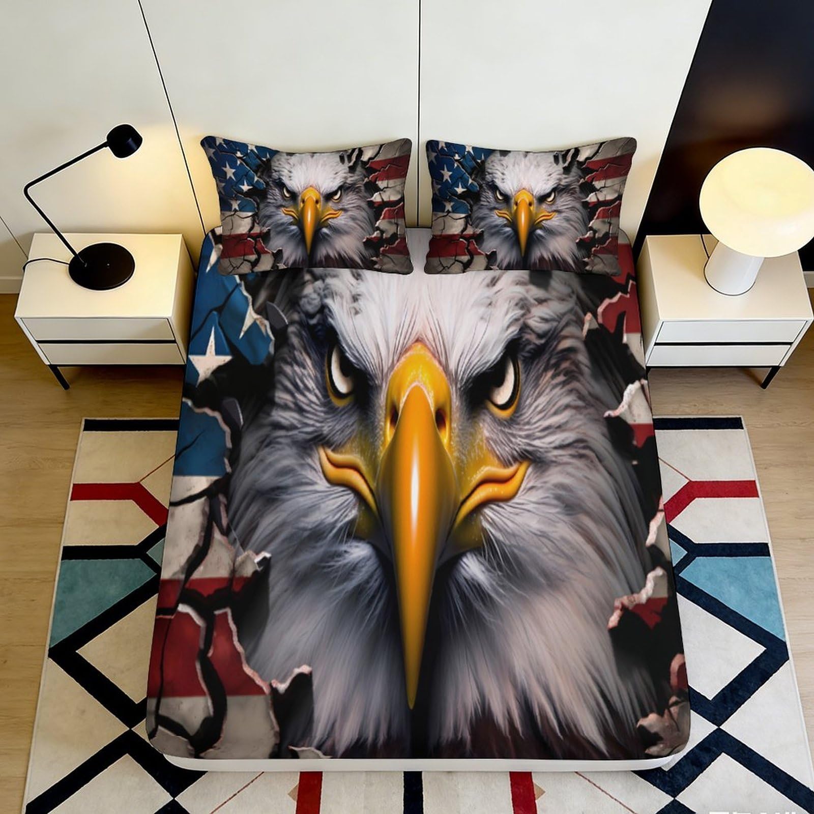 3D Printed Bald Eagle Fitted Sheet Microfiber Patriotic Flag Bed Cover for Bedroom Guest Room Dorm Mattress Protection Decor 90x200x25cm