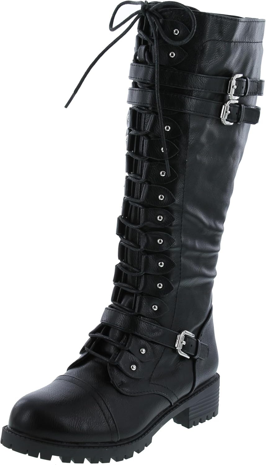 Premier Standard - Women's Lace-Up Strappy Knee High Combat Stacked Heel Boot