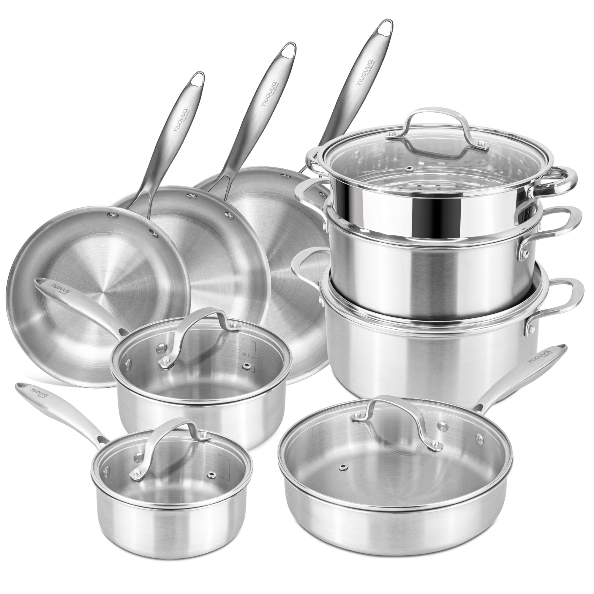 Stainless Steel Pots and Pans Set β 14pcs Cookware with Glass Lids β Induction Hob Pot Set β Cooking Saucepan Pots & Frying Pan Set β by Nuovva