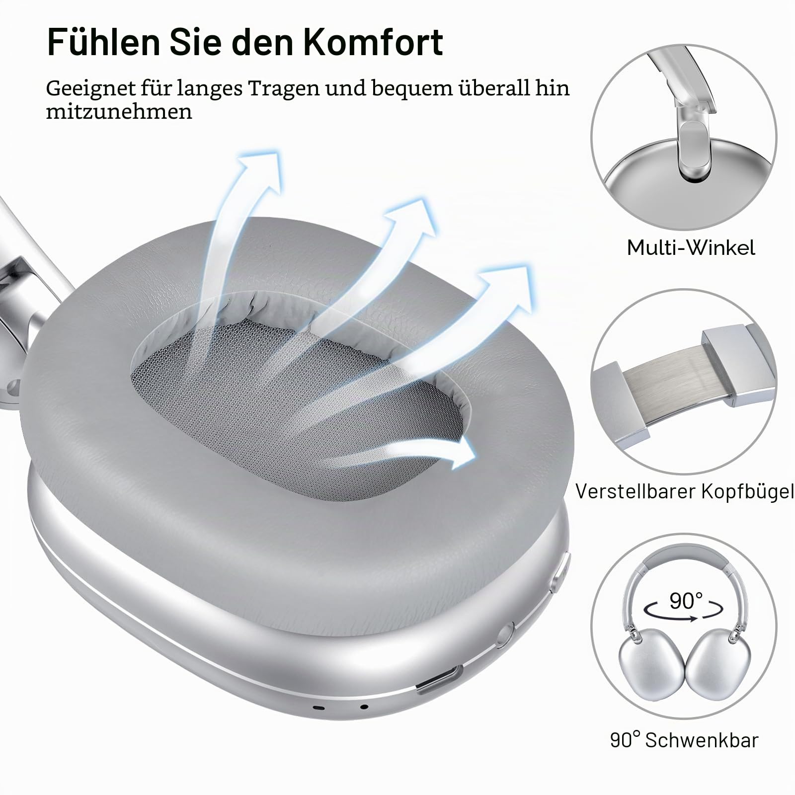 C6 Aktive Noise-Cancelling-Kopfhörer, Drahtlose Over-Ear Bluetooth-Kopfhörer, 60 Stunden Spielzeit, Leichtgewicht Faltbare Deep Bass Komfort-Ohrpolster Headset mit Mikrofon für iPad/PC Silber