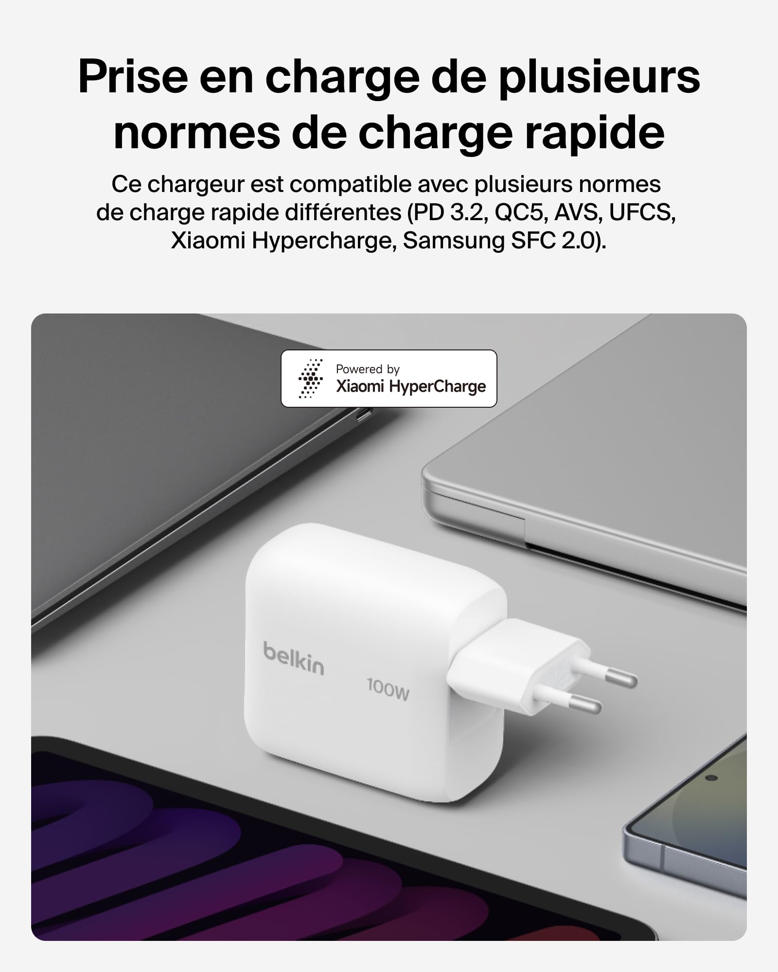 Belkin BoostCharge Chargeur Secteur GaN USB-C 100 W, Chargeur Compact Et Pliable, Recharge Rapide, pour iPhone 17, Samsung Galaxy S26, Pixel 10, Tablette, MacBook, Câble USB-C 1,5 m Fourni - Blanc