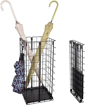 Umbrella Stand, Umbrella Holder for Entryway, Large Metal Foldable Umbrella Rack Organizer Freestanding, with Water Tray and Hooks, Rectangular Hollow Rack 9.5 x 9.5 x 19.7 Inches Black