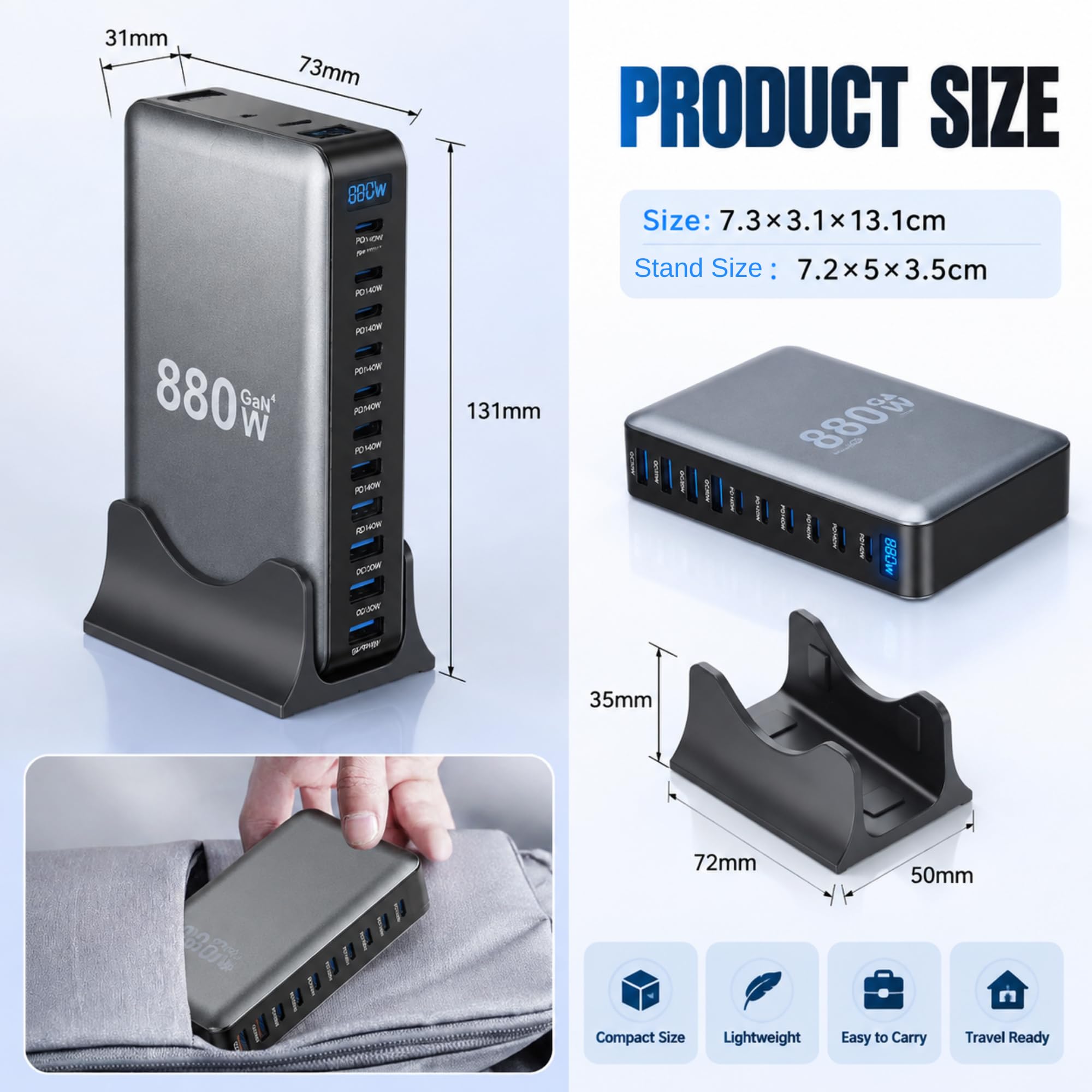 880W USB C ładowarka GaN III Pro 10-portowa ładowarka USB, 140Wx4 100Wx2 PD szybka ładowarka kompatybilna z/komputerem stacjonarnym/laptopami/telefonem (wtyczka europejska)