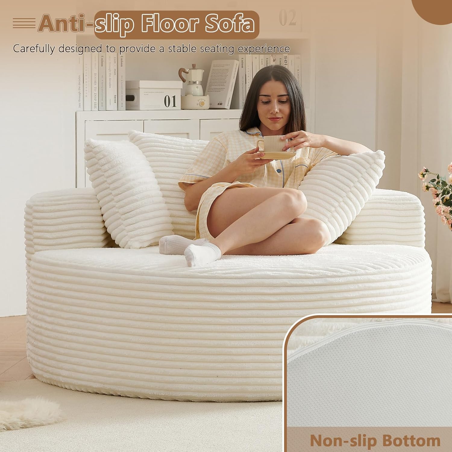 Oversized Round Chair Lounge Chaise Indoor, Upholstered Corduroy Deep Seat Cloud Large Circle Sofa Chair, No Assembly Required, Fluffy Modern Sleeper Sofa Bed for Reading, Living Room, Bedroom, White